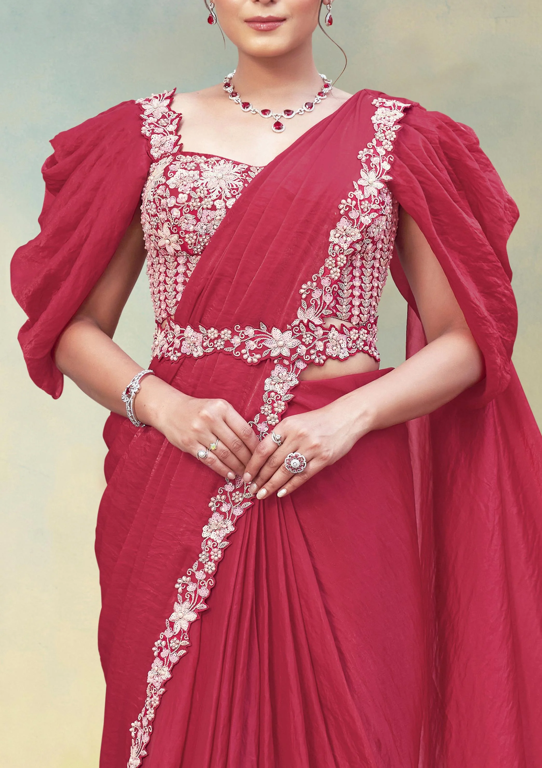 Carrot Pink Embellished Satin Silk Draped Saree - Image 4