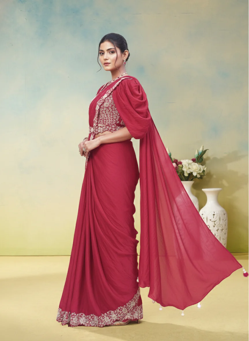 Carrot Pink Embellished Satin Silk Draped Saree - Image 6