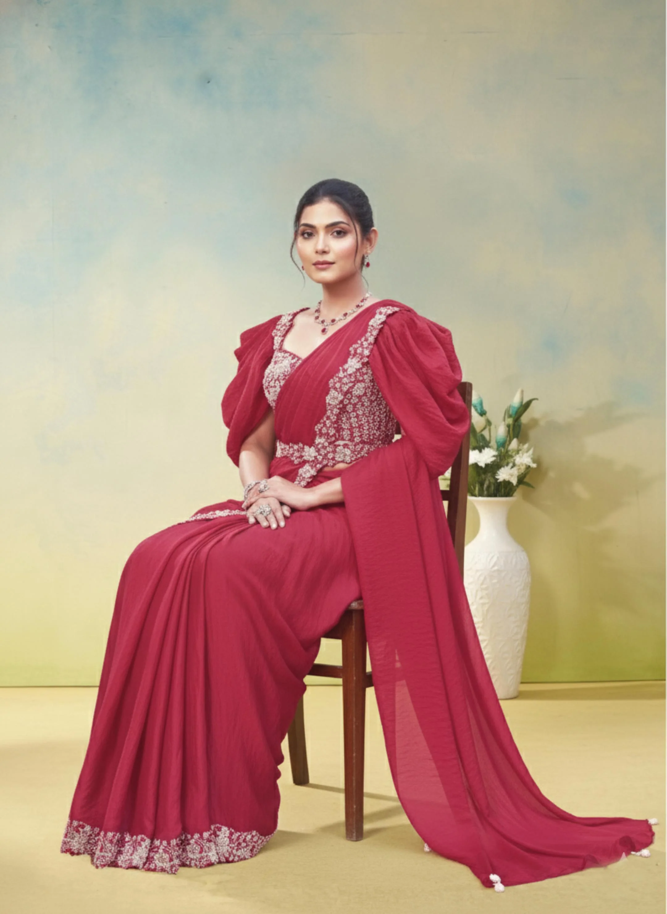 Carrot Pink Embellished Satin Silk Draped Saree - Image 7