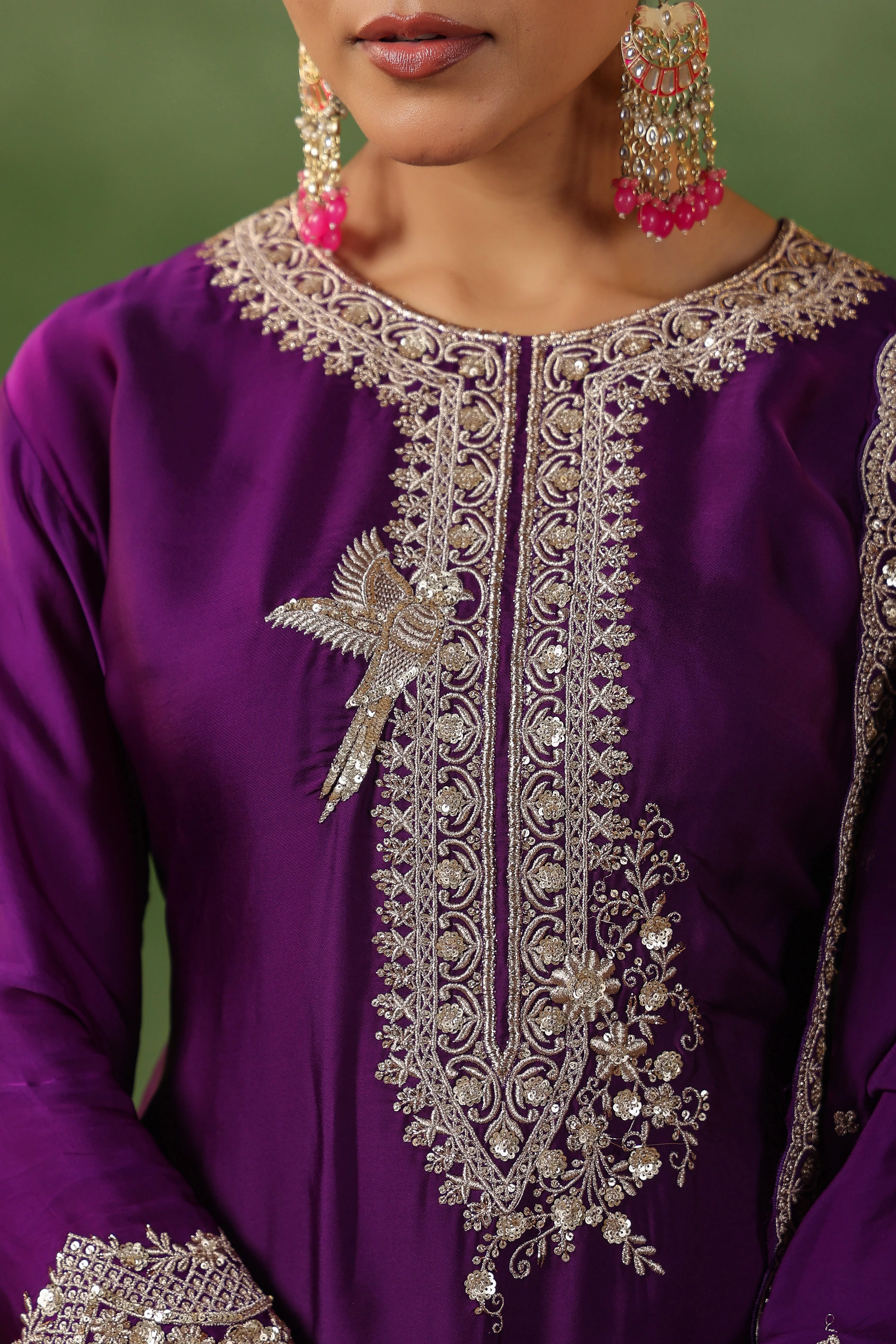 Plum Purple Embellished Satin Silk Sharara Set - Image 2