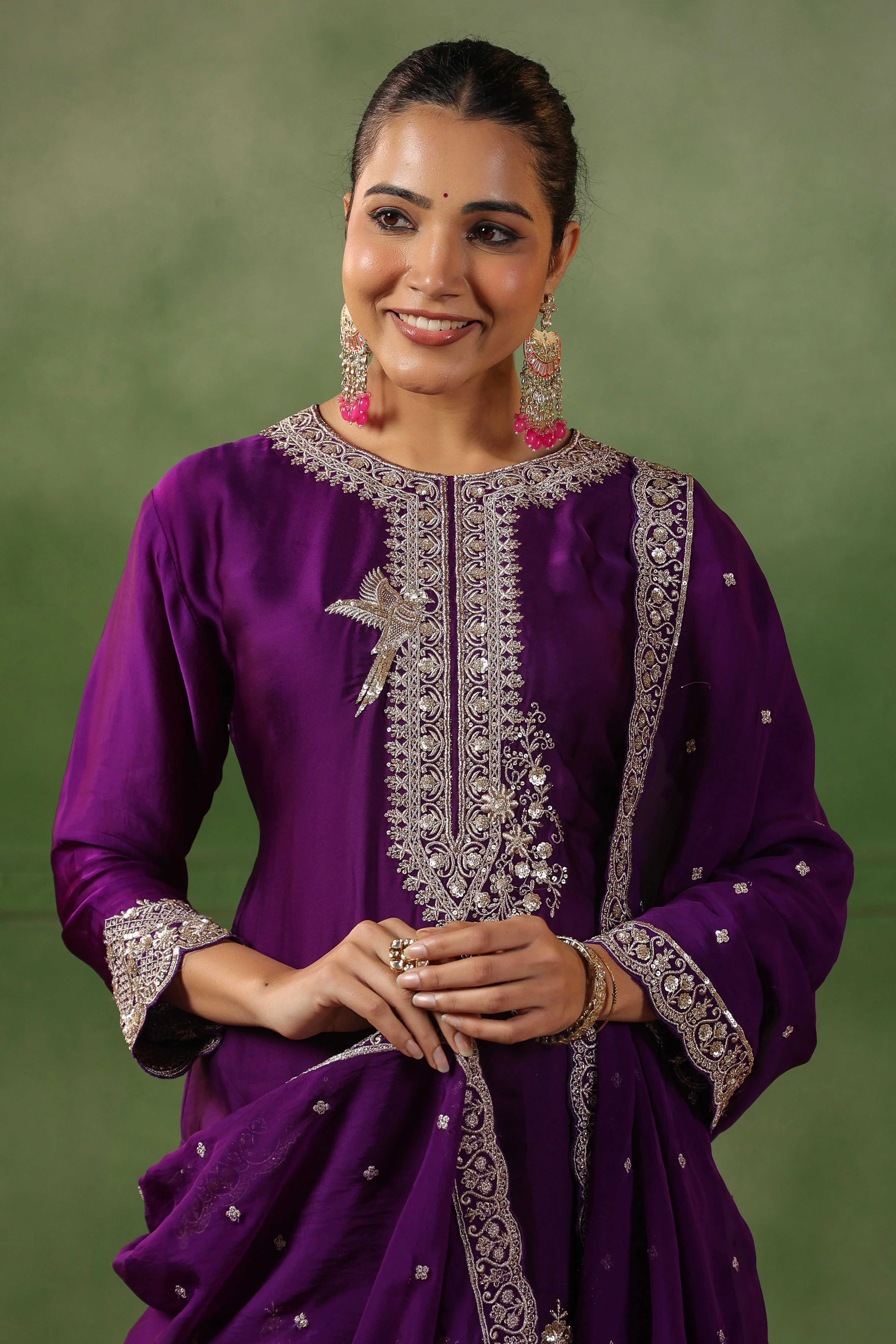 Plum Purple Embellished Satin Silk Sharara Set - Image 3
