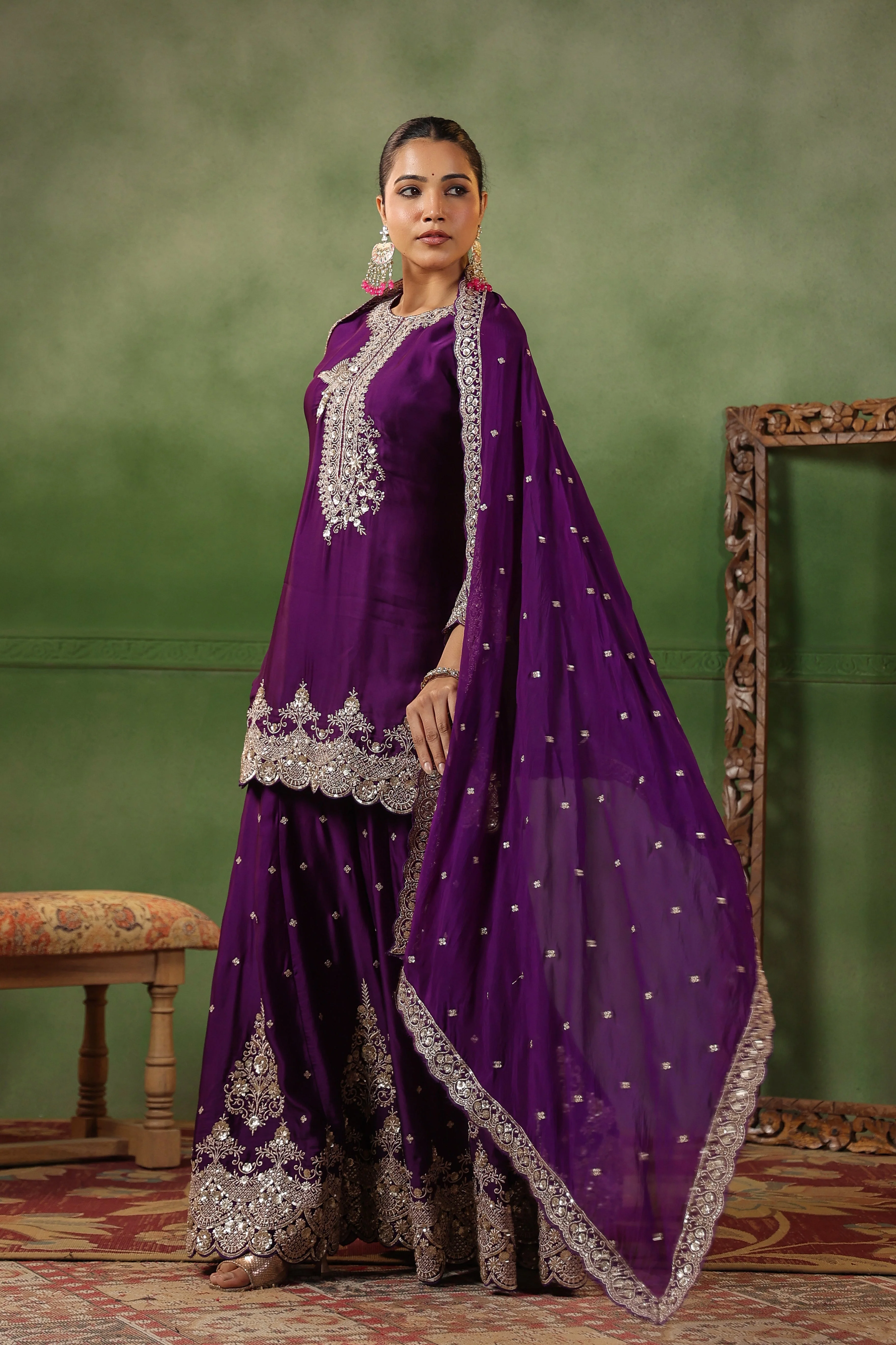 Plum Purple Embellished Satin Silk Sharara Set - Image 4