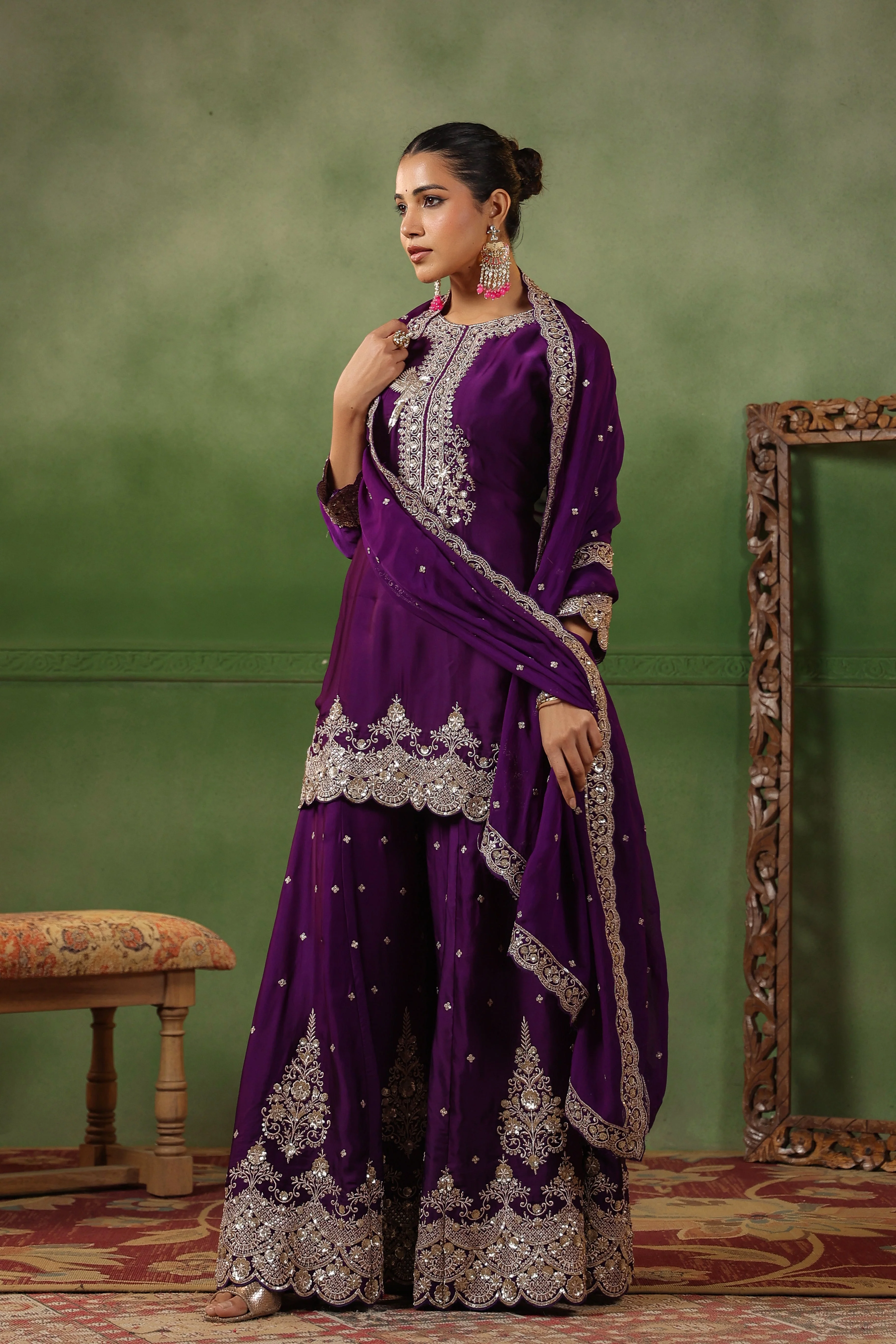 Plum Purple Embellished Satin Silk Sharara Set - Image 5