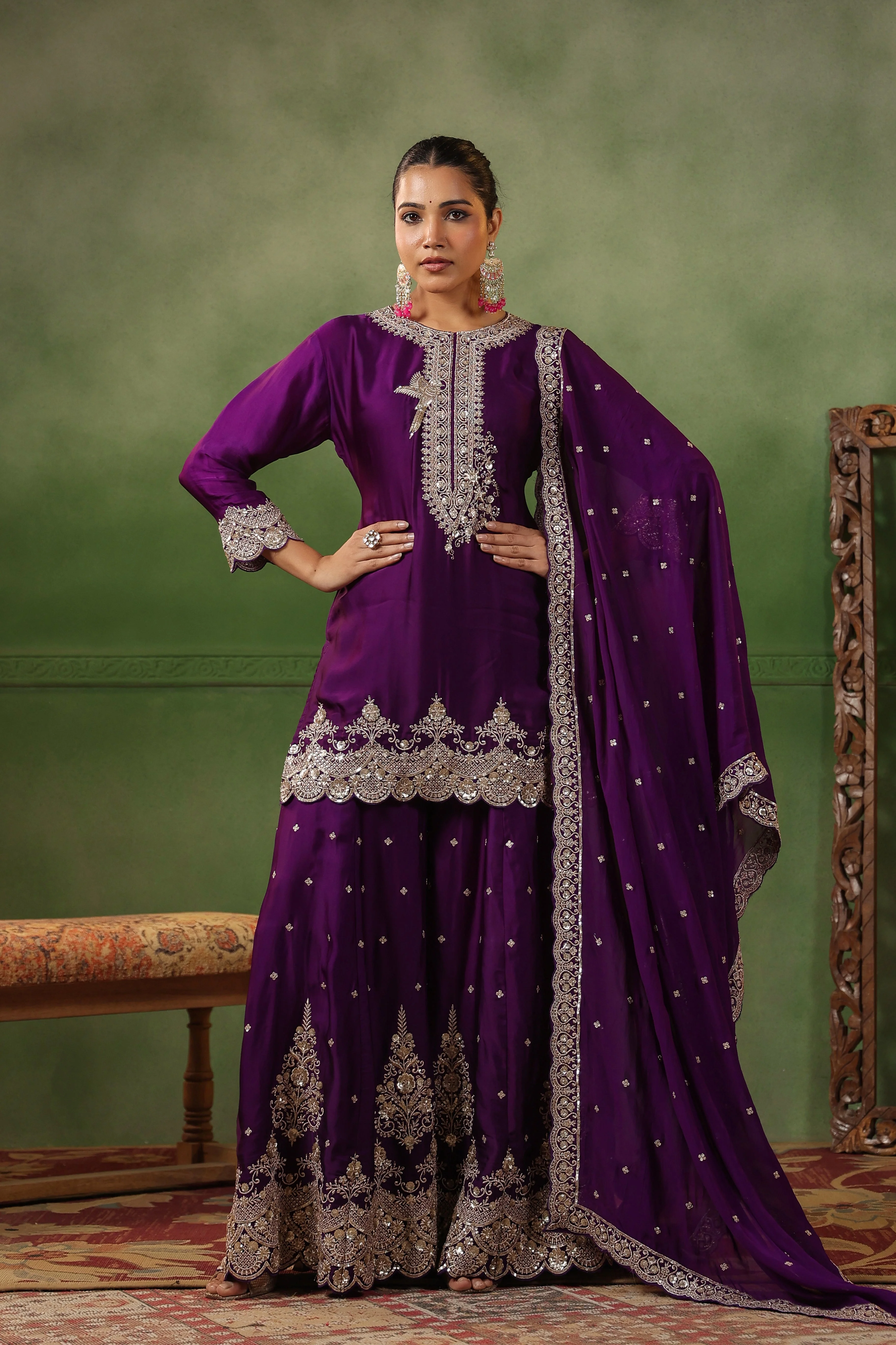 Plum Purple Embellished Satin Silk Sharara Set - Image 6