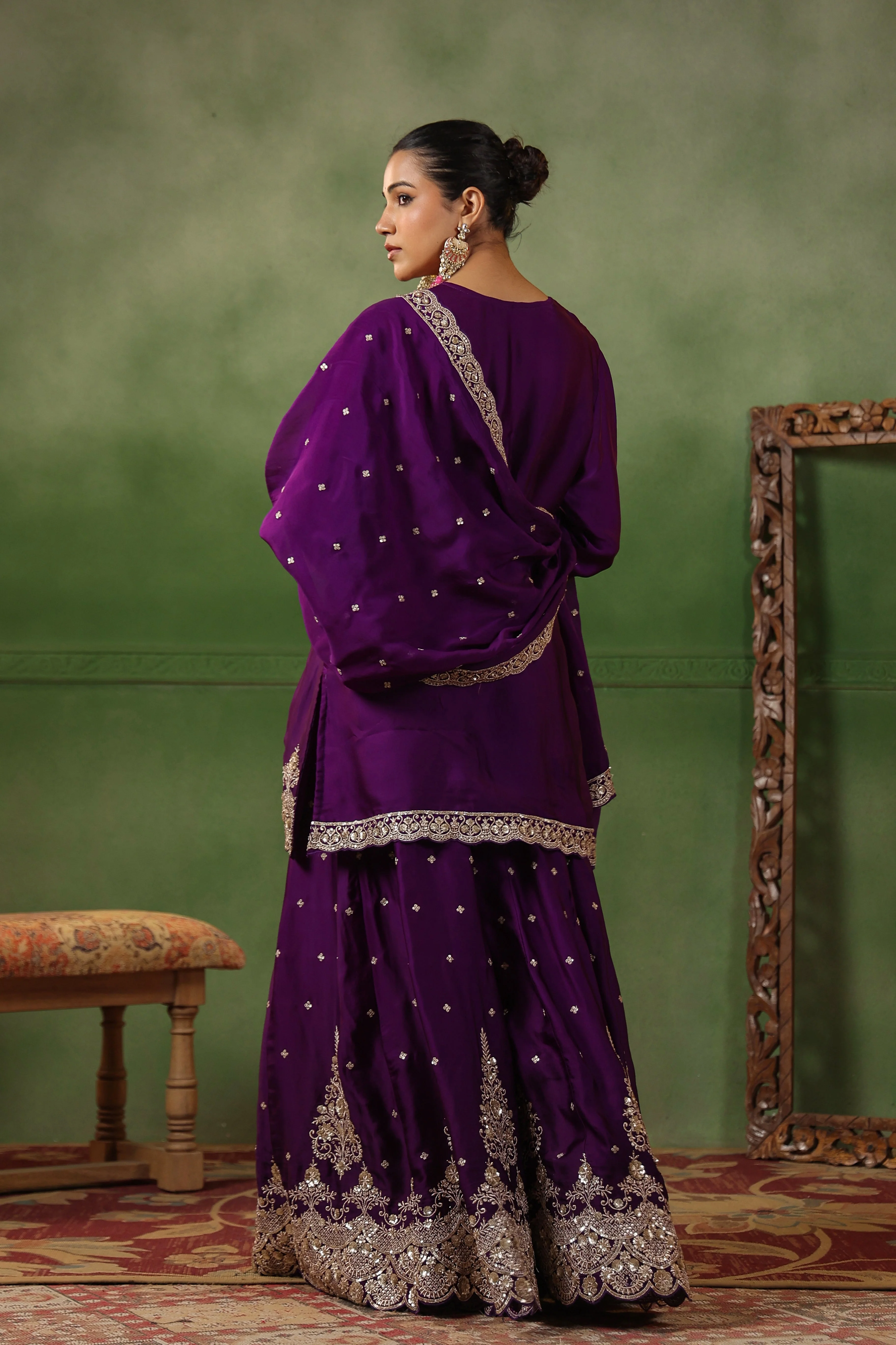 Plum Purple Embellished Satin Silk Sharara Set - Image 7