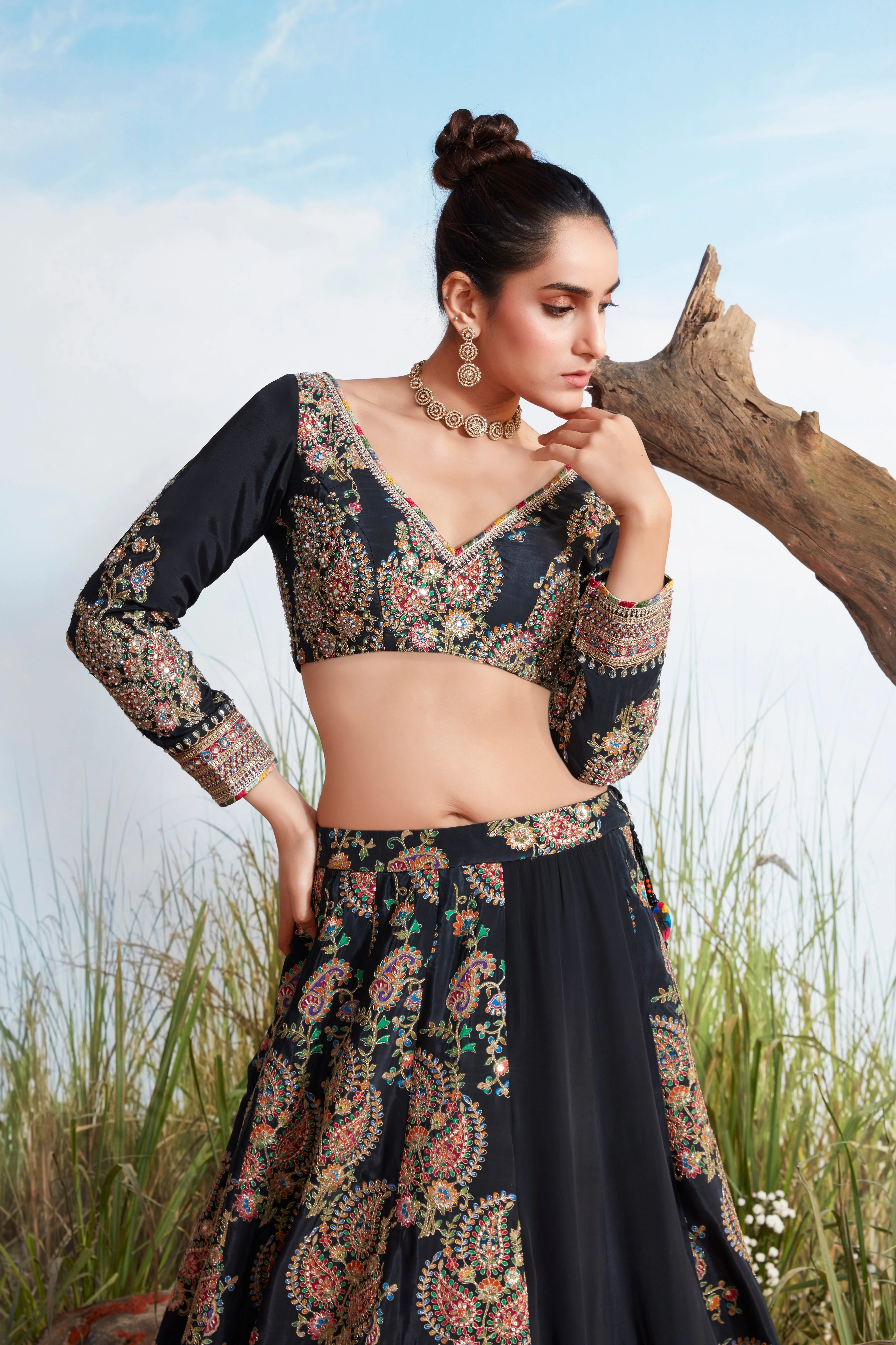 Raven Black Embellished Crepe Silk Lehenga Set - Image 2