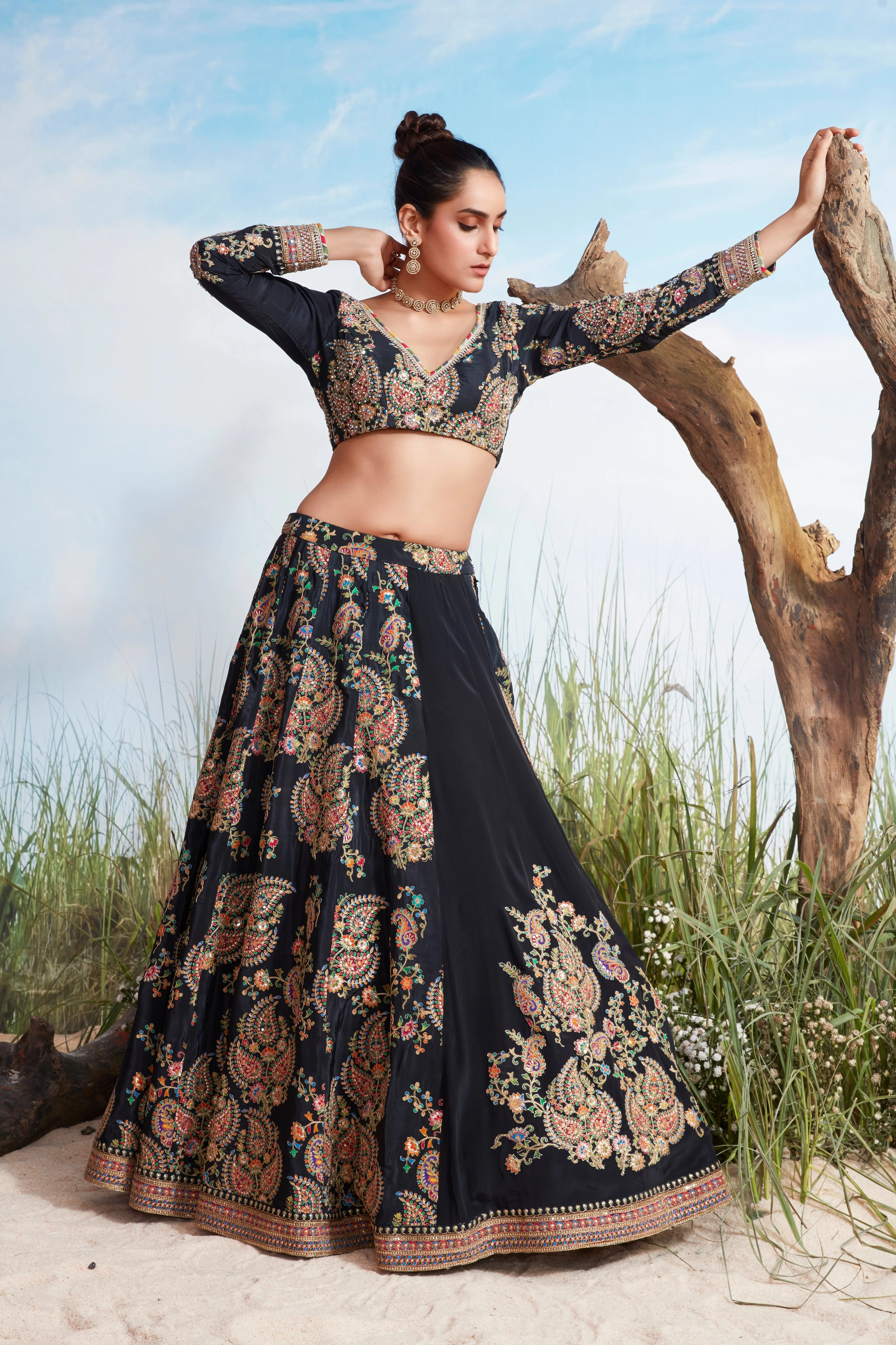 Raven Black Embellished Crepe Silk Lehenga Set - Image 3