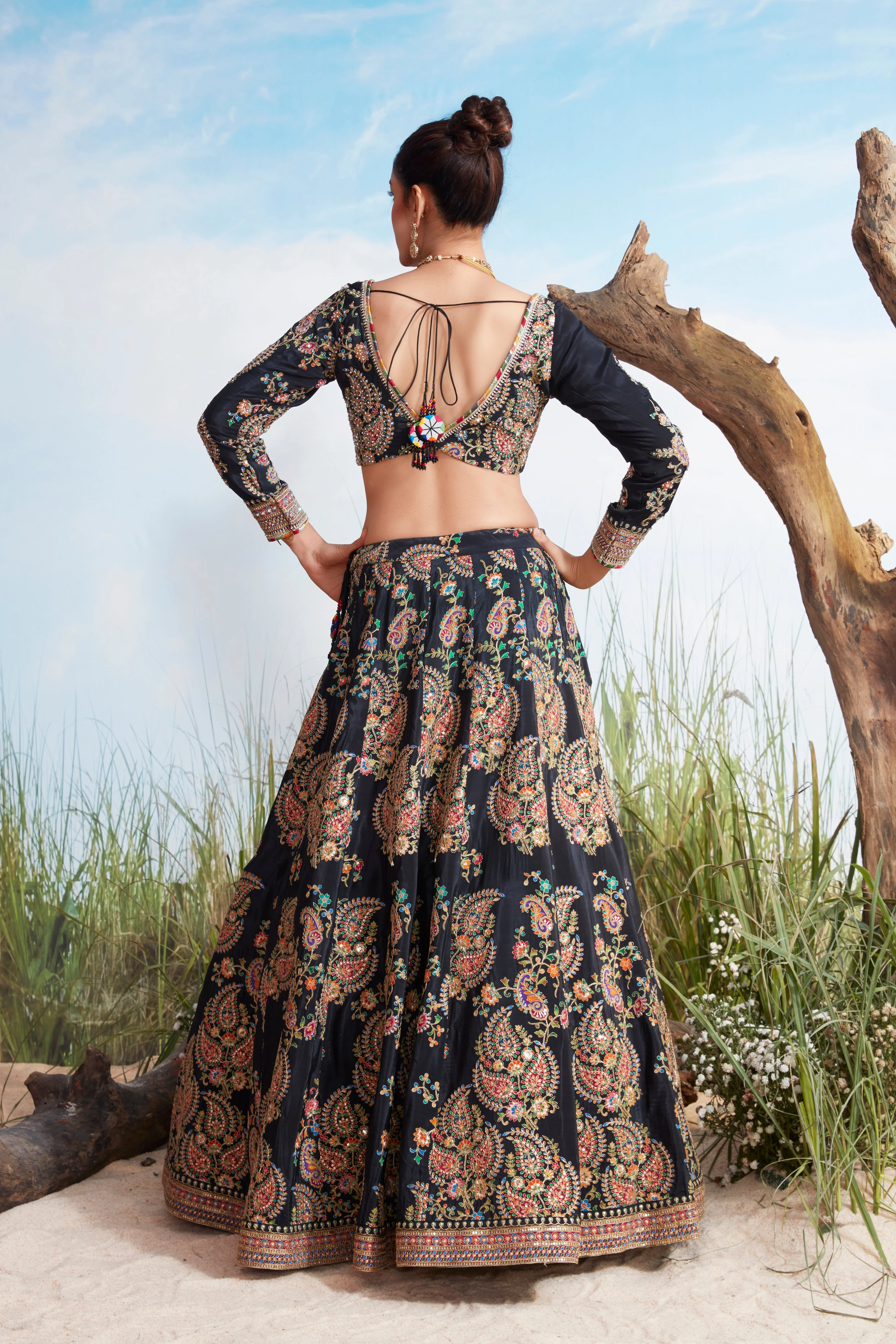 Raven Black Embellished Crepe Silk Lehenga Set - Image 4