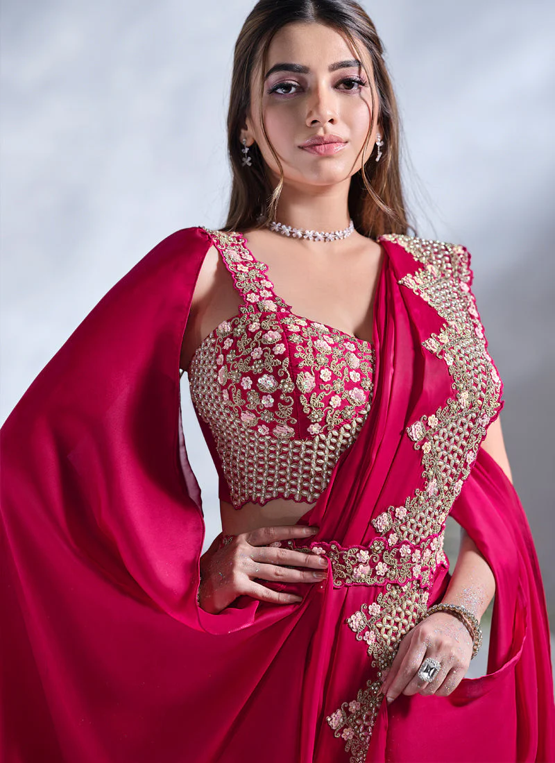 Crimson Red Embellished Crepe Satin Silk Saree - Image 2