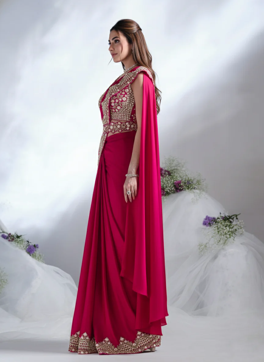 Crimson Red Embellished Crepe Satin Silk Saree - Image 3