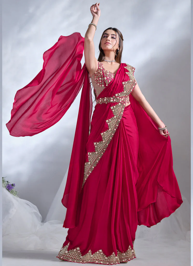 Crimson Red Embellished Crepe Satin Silk Saree - Image 4