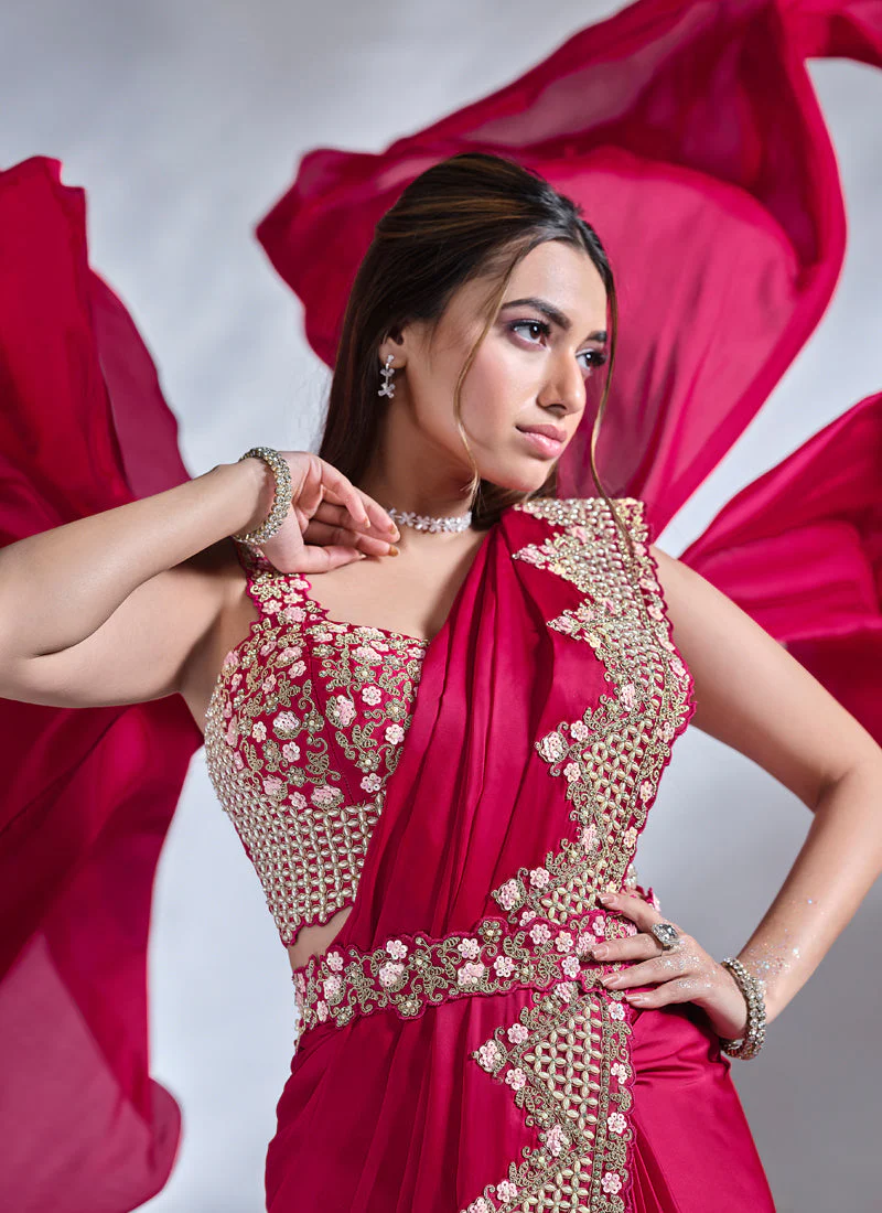 Crimson Red Embellished Crepe Satin Silk Saree - Image 5