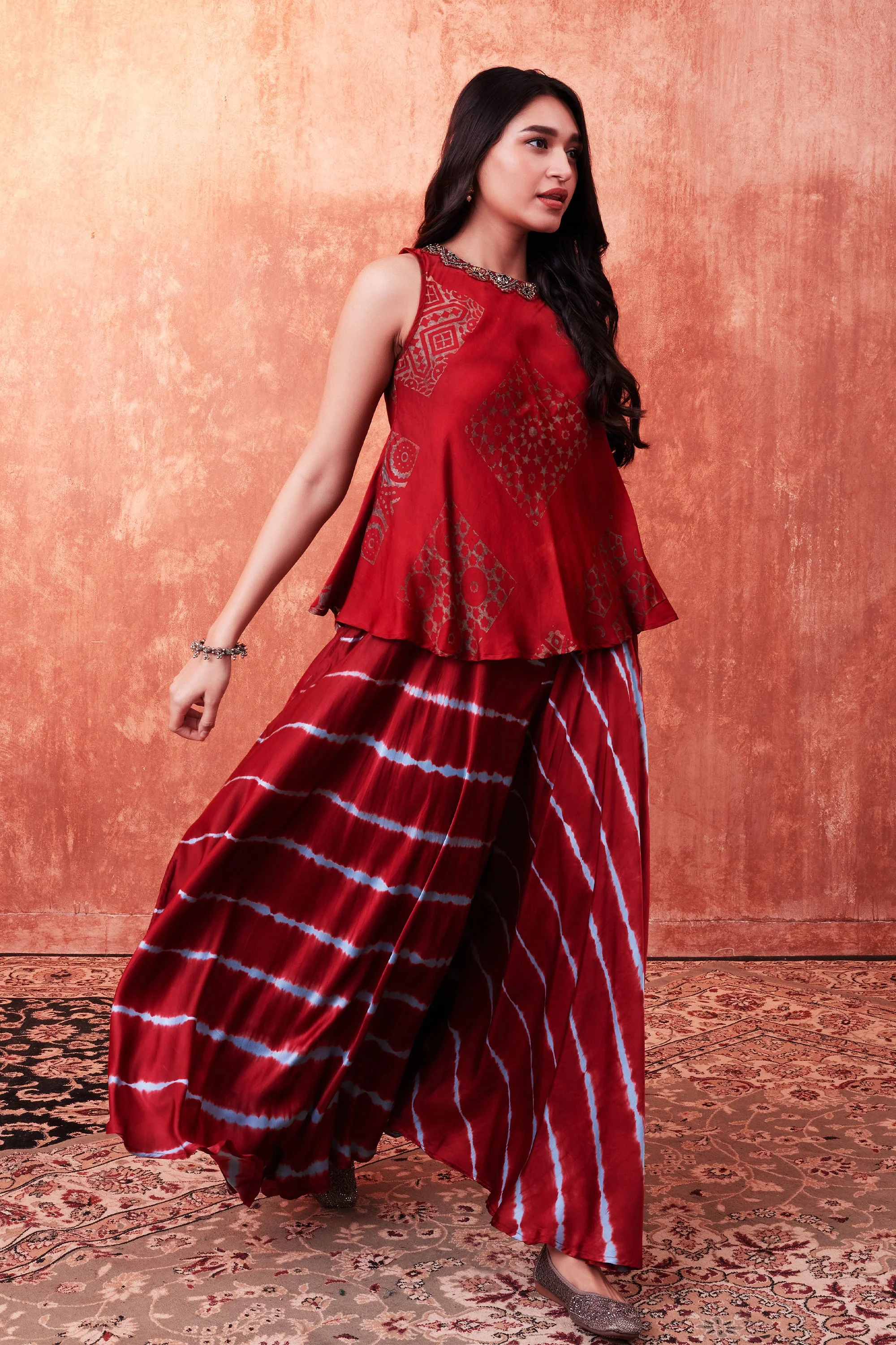 Red Ajrakh Printed Habutai Silk Tunic & Palazzo Set - Image 2