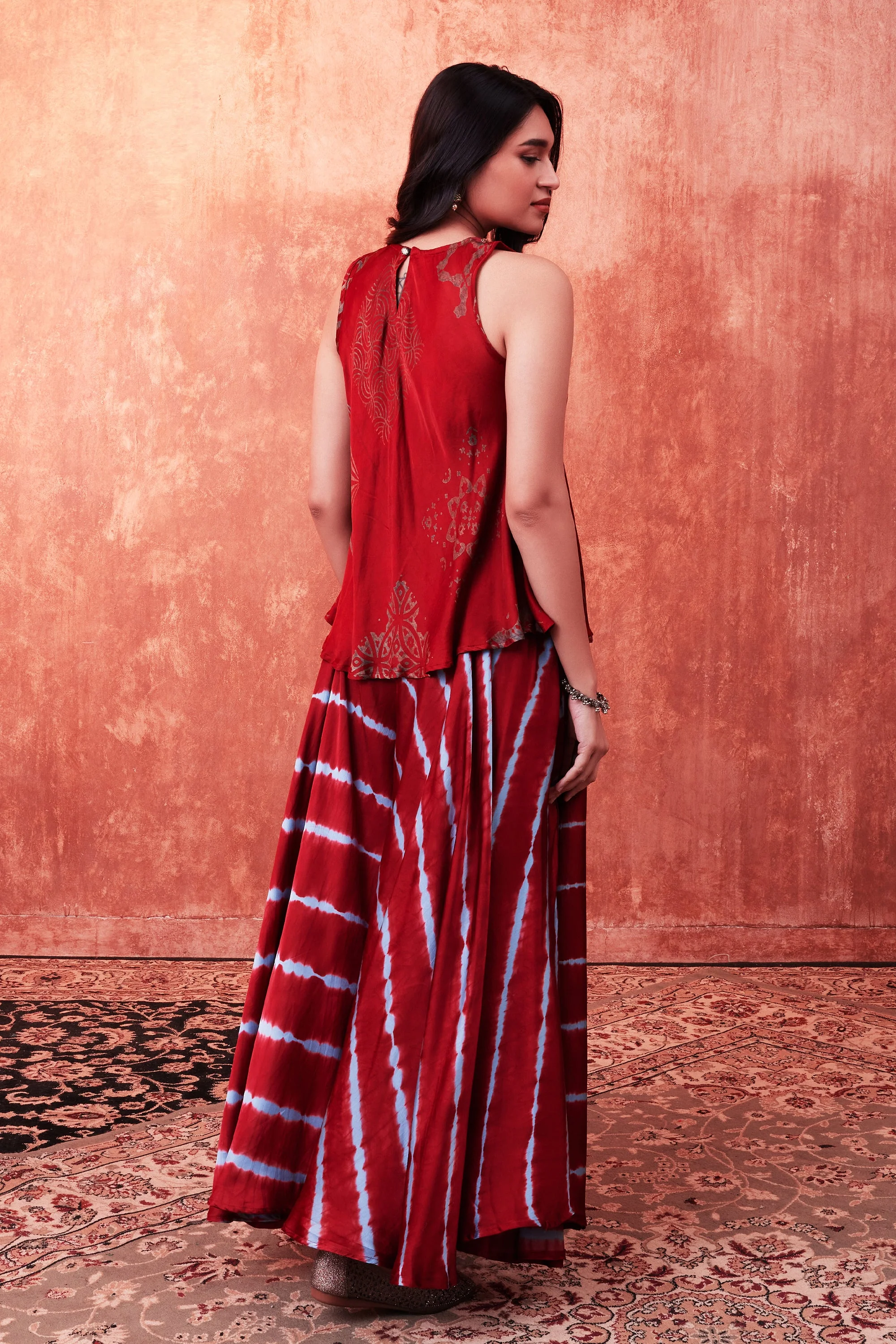Red Ajrakh Printed Habutai Silk Tunic & Palazzo Set - Image 3