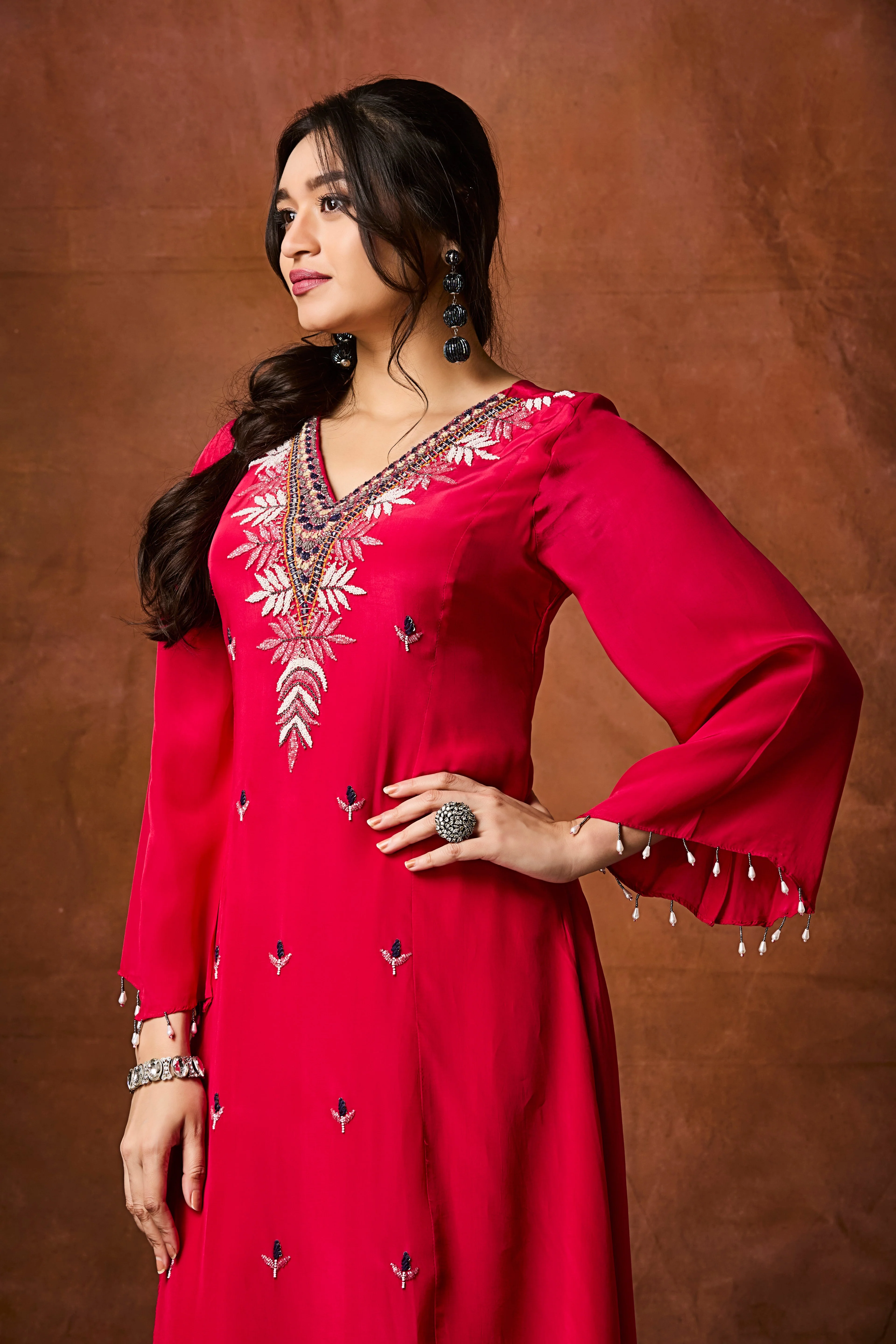 Crimson Red Embellished Chinon Silk Kurta Set - Image 2