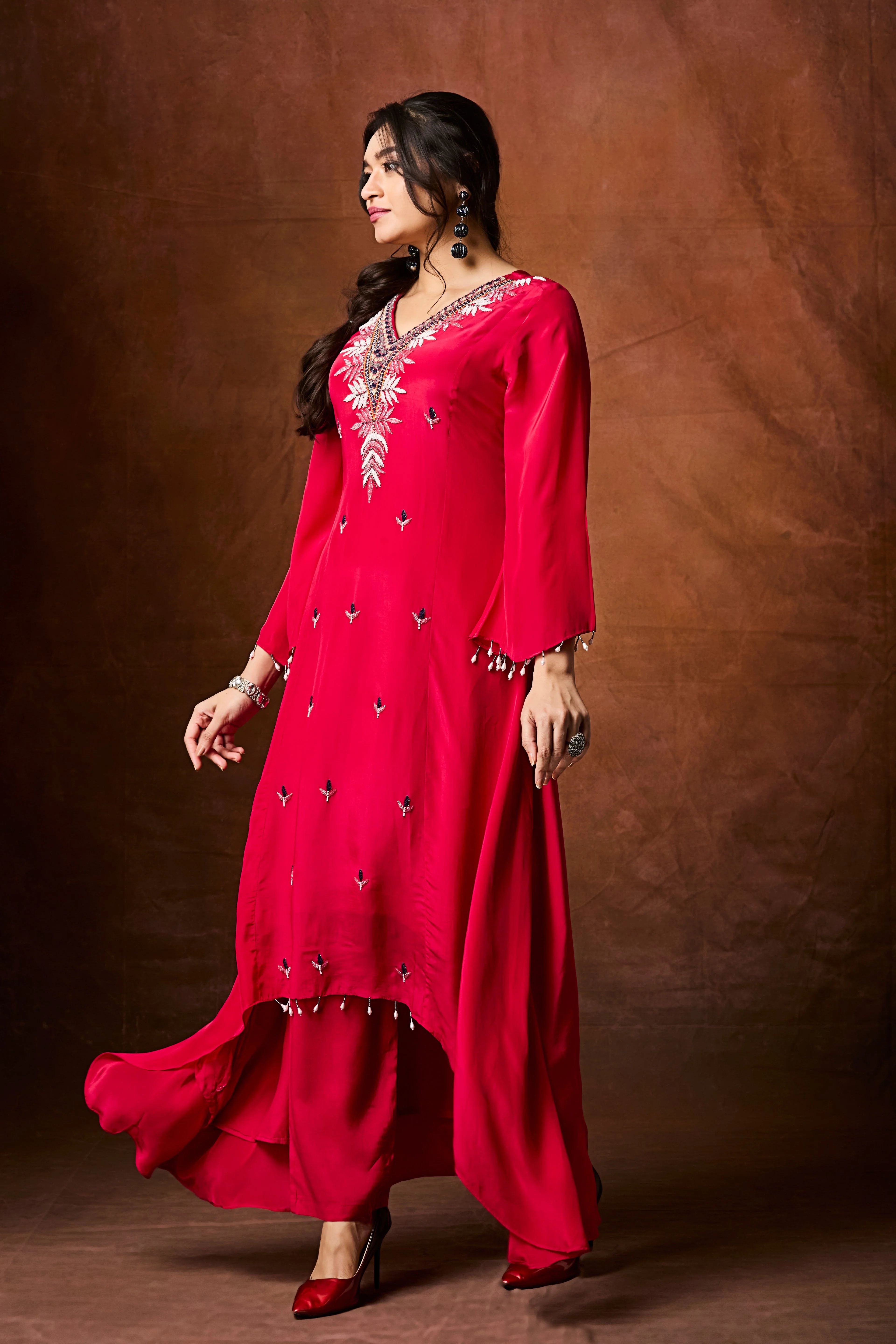 Crimson Red Embellished Chinon Silk Kurta Set - Image 3