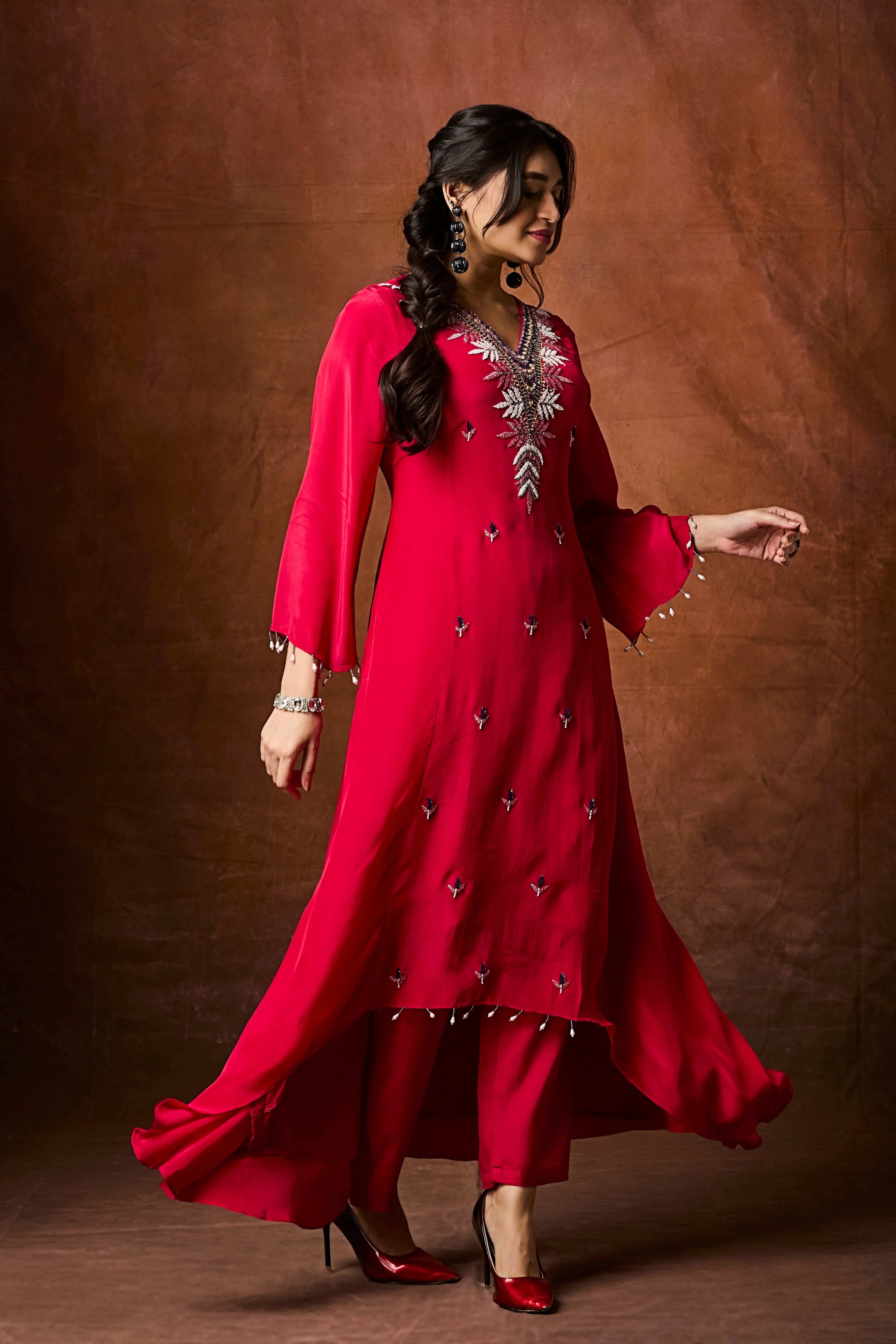 Crimson Red Embellished Chinon Silk Kurta Set - Image 4