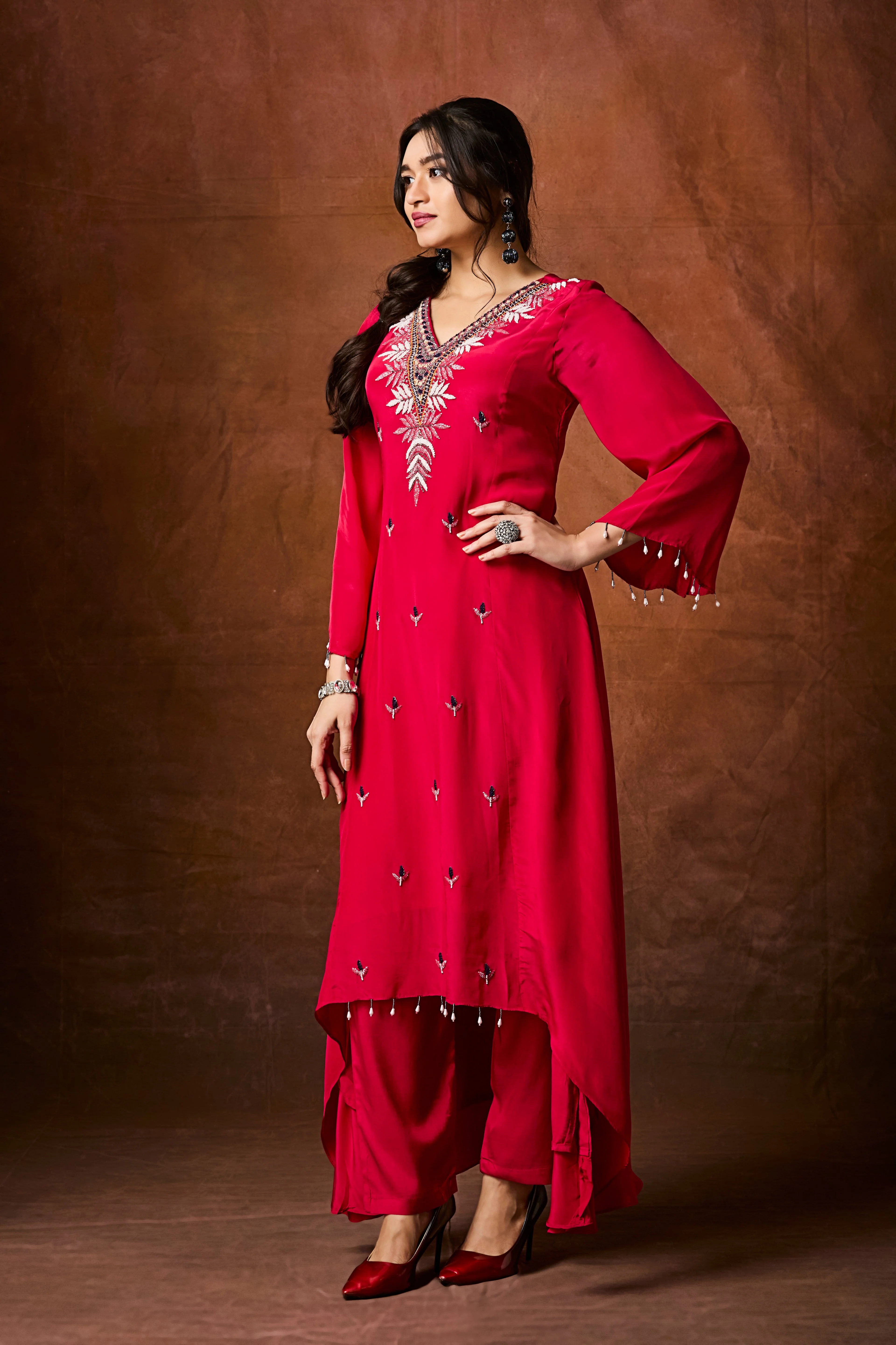 Crimson Red Embellished Chinon Silk Kurta Set - Image 5