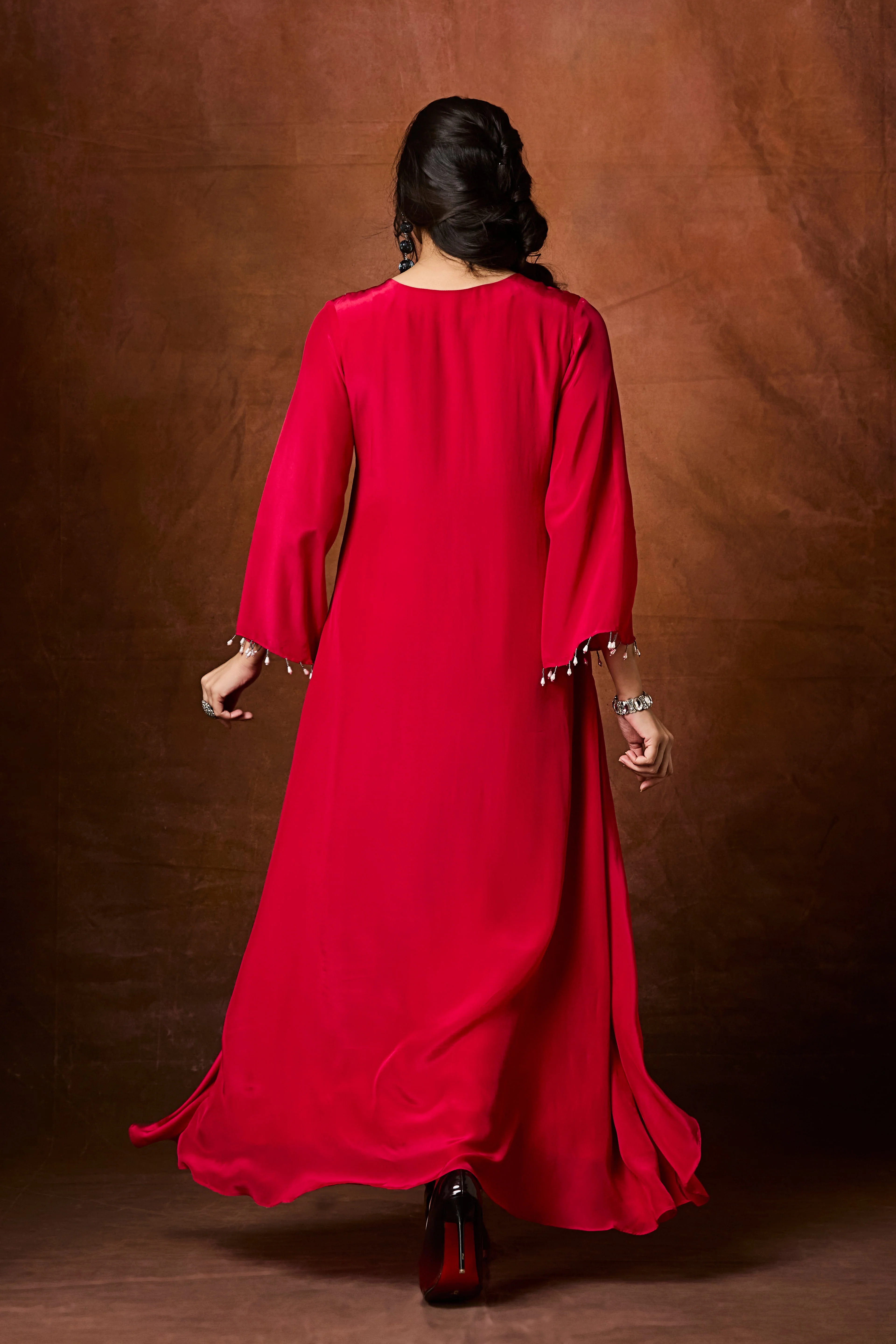 Crimson Red Embellished Chinon Silk Kurta Set - Image 6