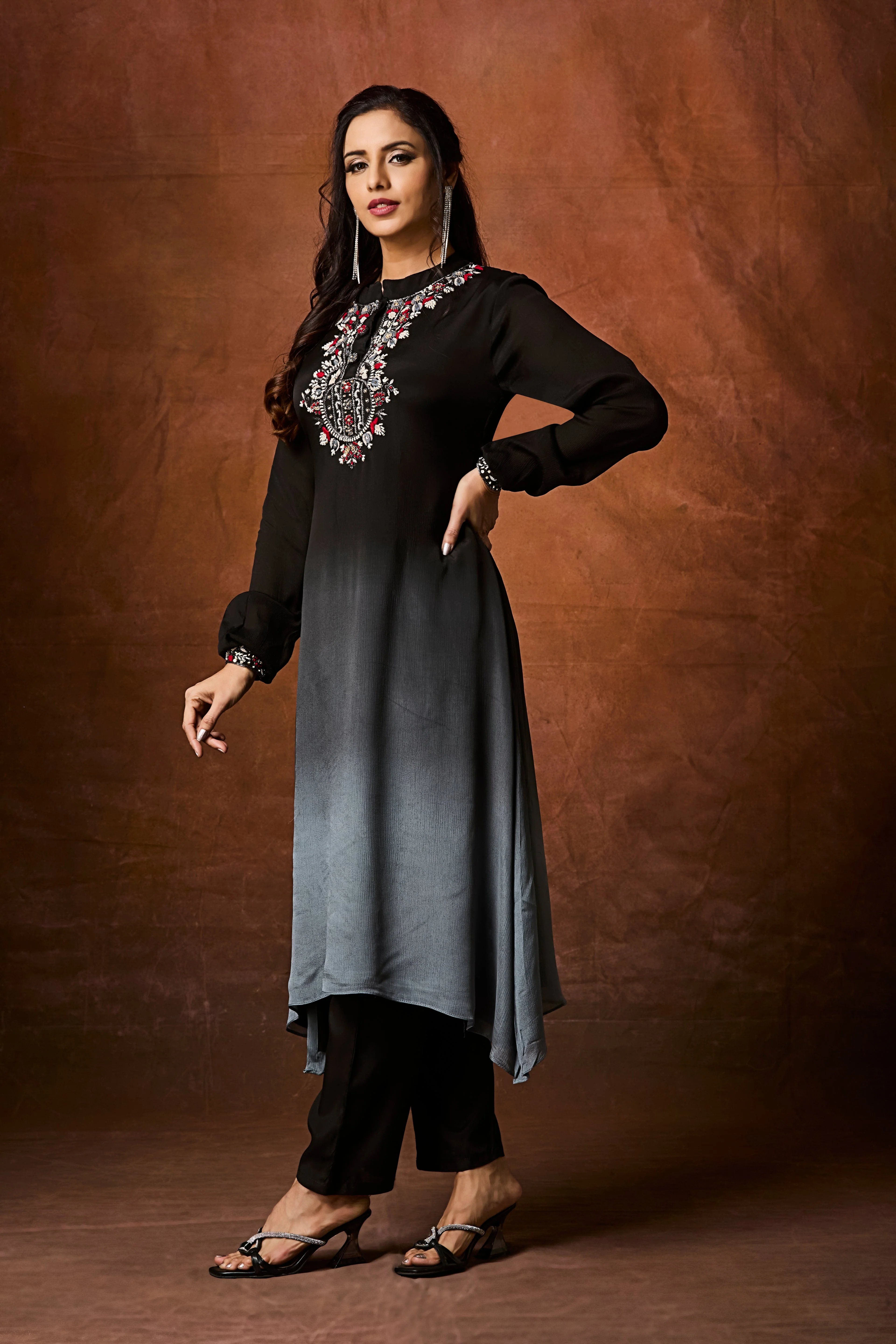 Black and Grey Ombre Chinon Silk Kurta Set - Image 3