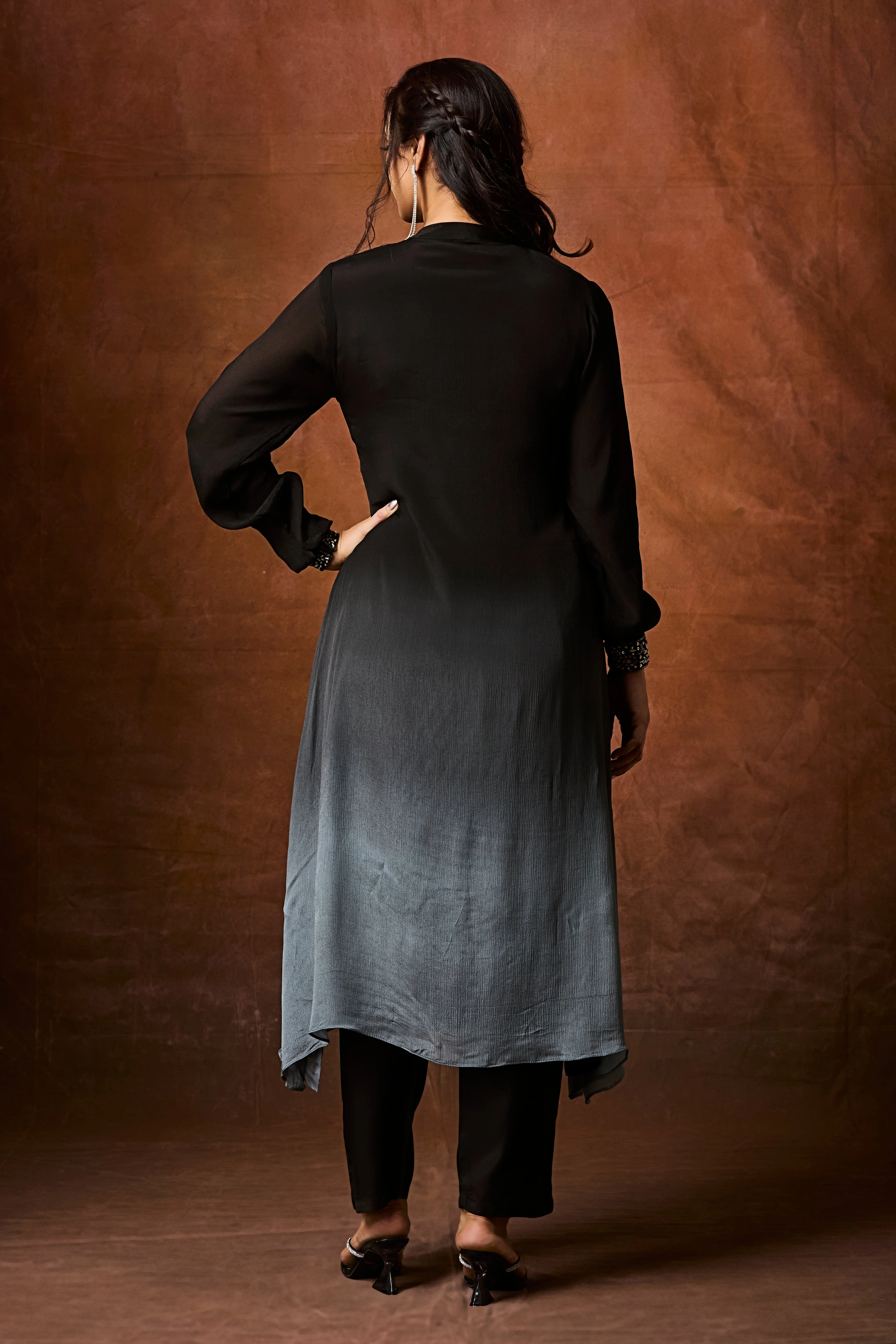 Black and Grey Ombre Chinon Silk Kurta Set - Image 5