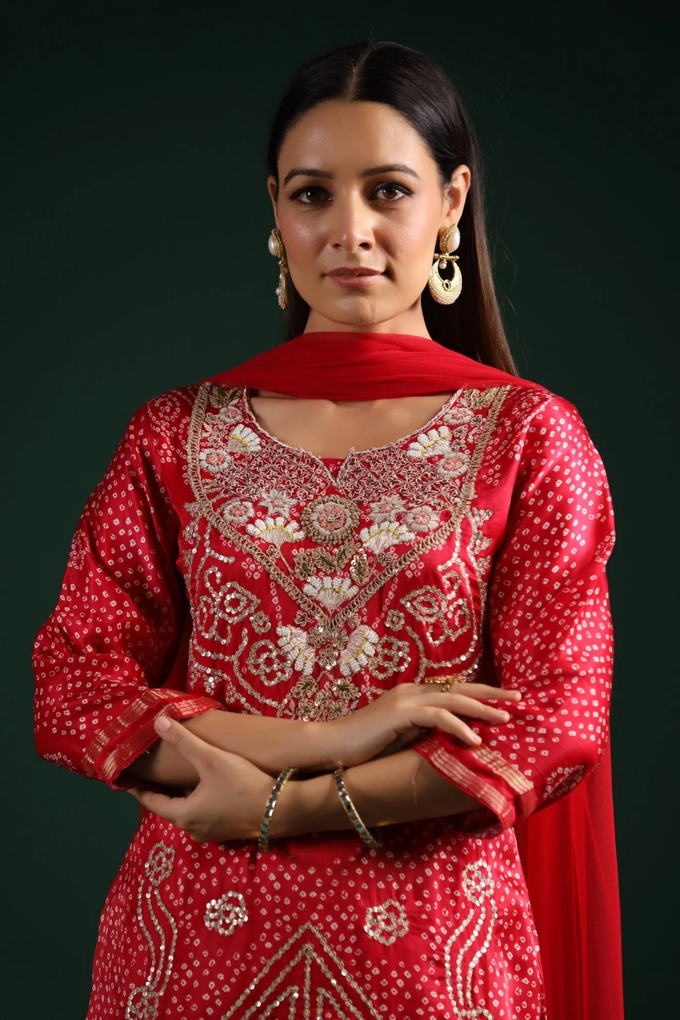 Red Bandhani Embroidered Kurta Set - Image 2
