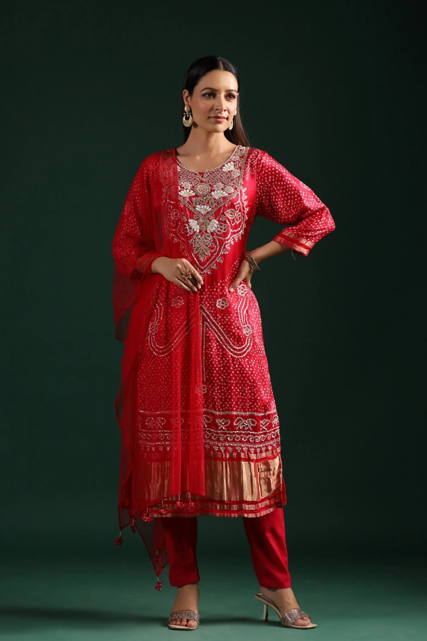 Red Bandhani Embroidered Kurta Set - Image 4