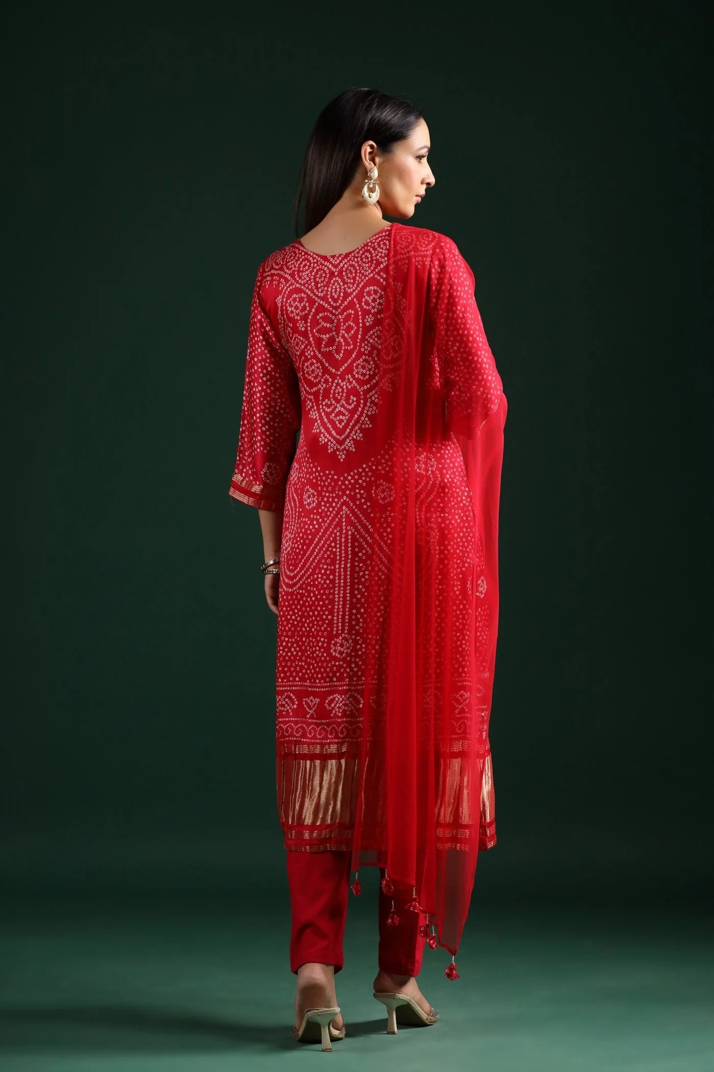 Red Bandhani Embroidered Kurta Set - Image 5