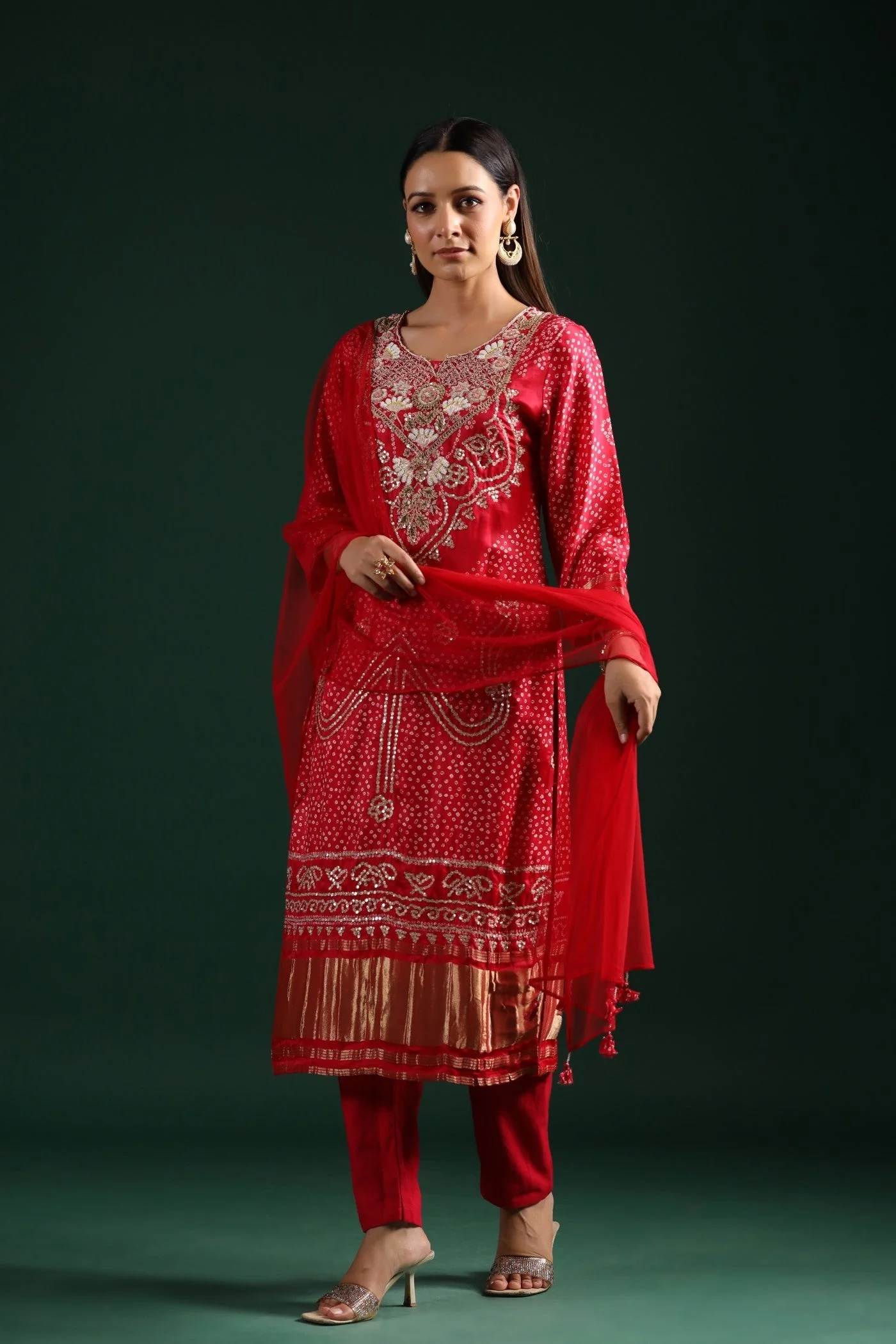Red Bandhani Embroidered Kurta Set - Image 6