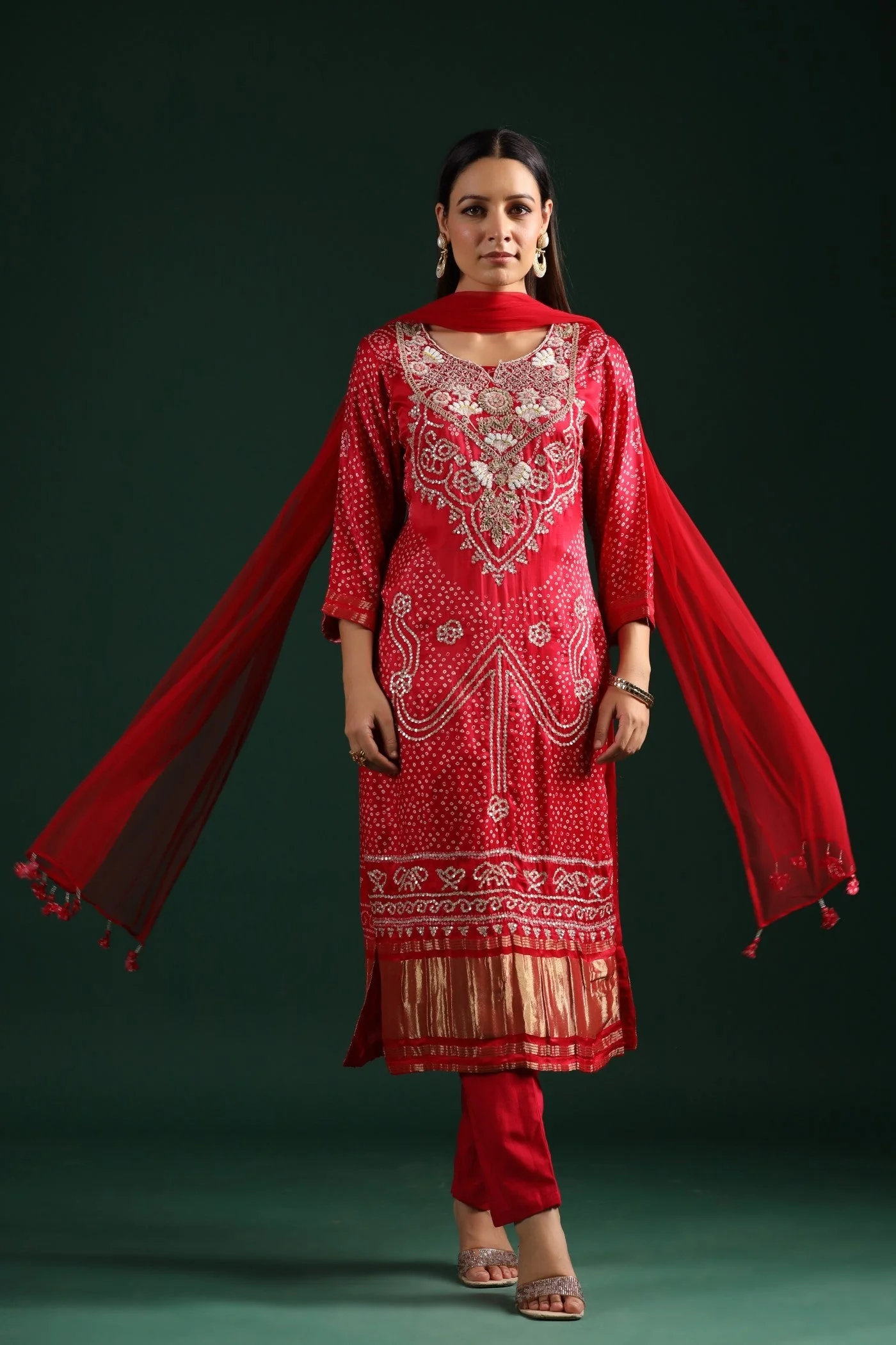 Red Bandhani Embroidered Kurta Set - Image 7