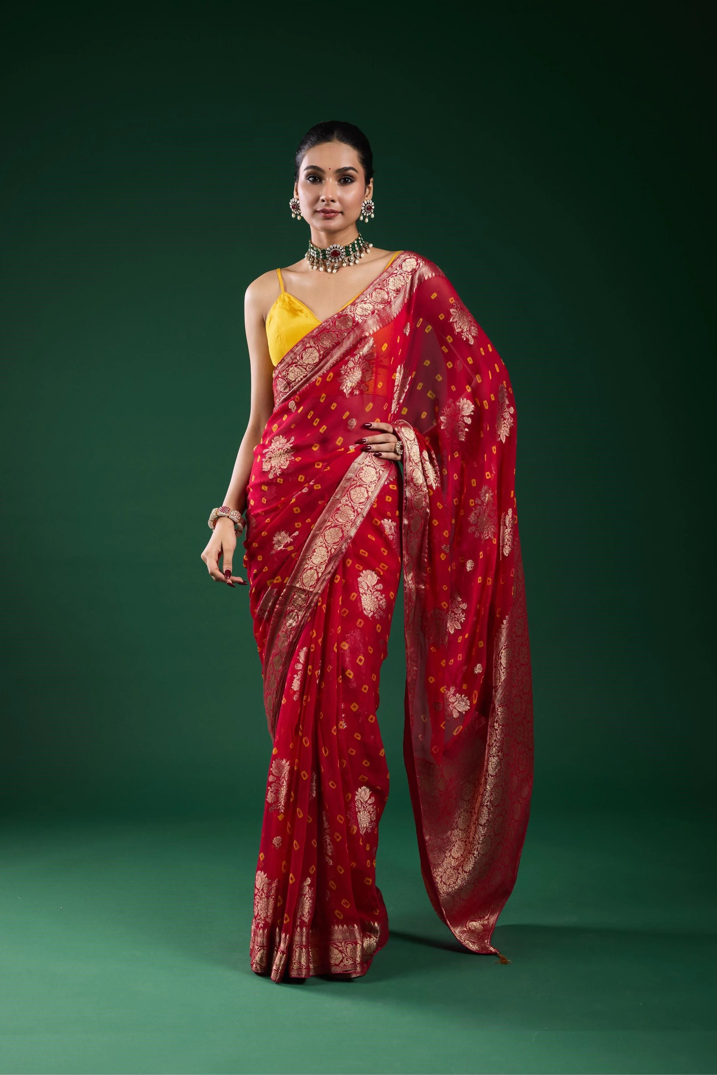 Red Bandhej Dola Silk Saree - Image 2