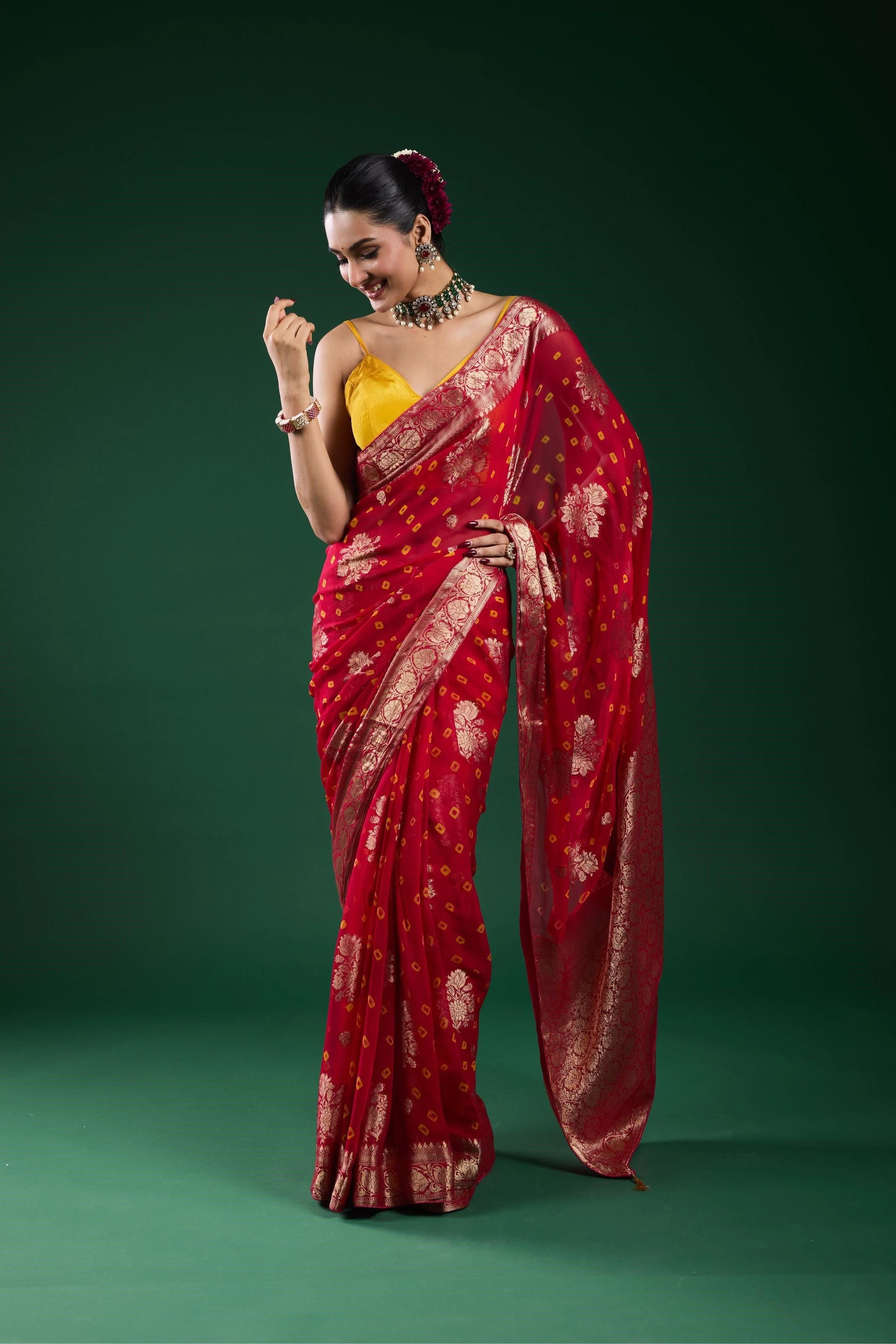 Red Bandhej Dola Silk Saree - Image 3