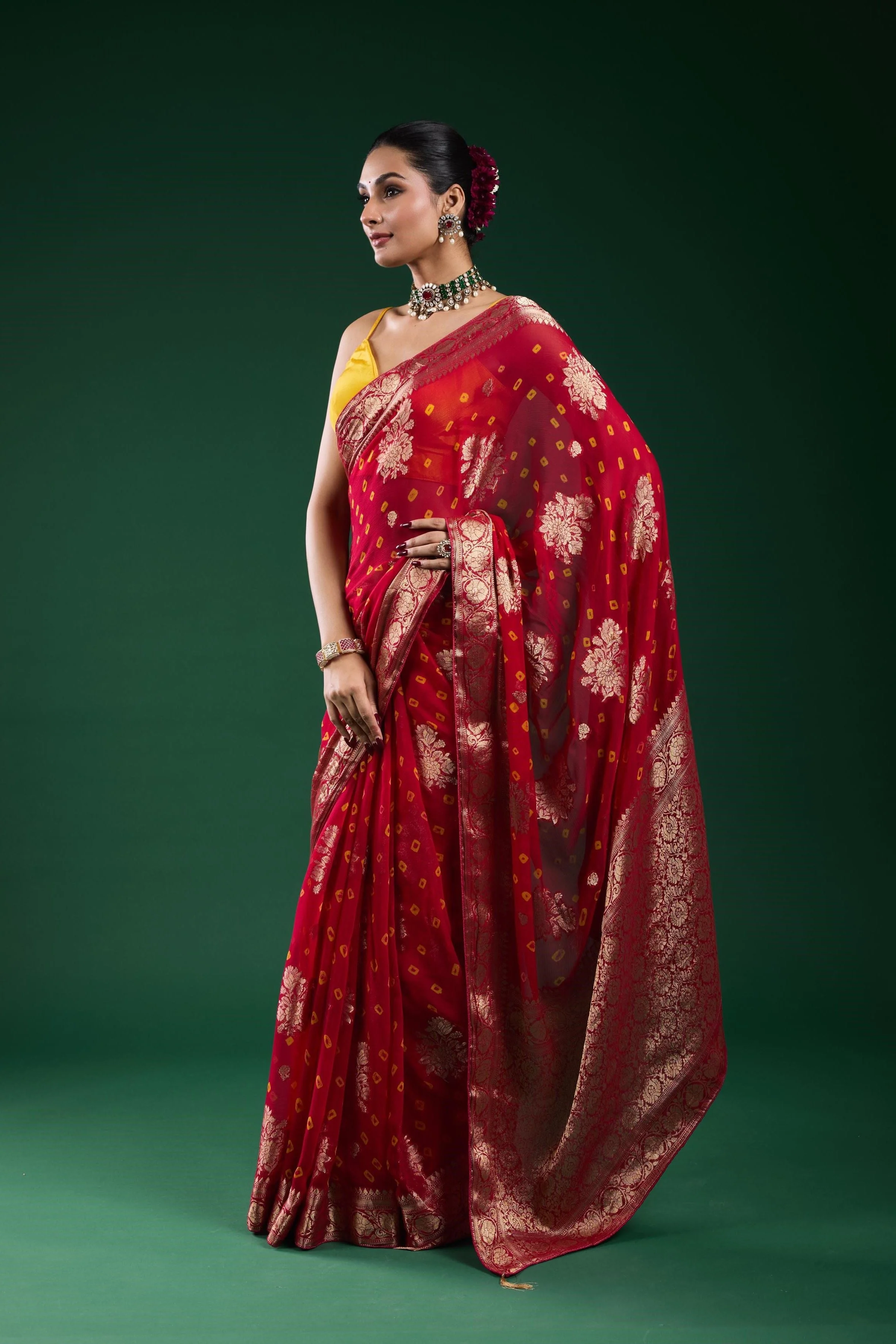 Red Bandhej Dola Silk Saree - Image 4
