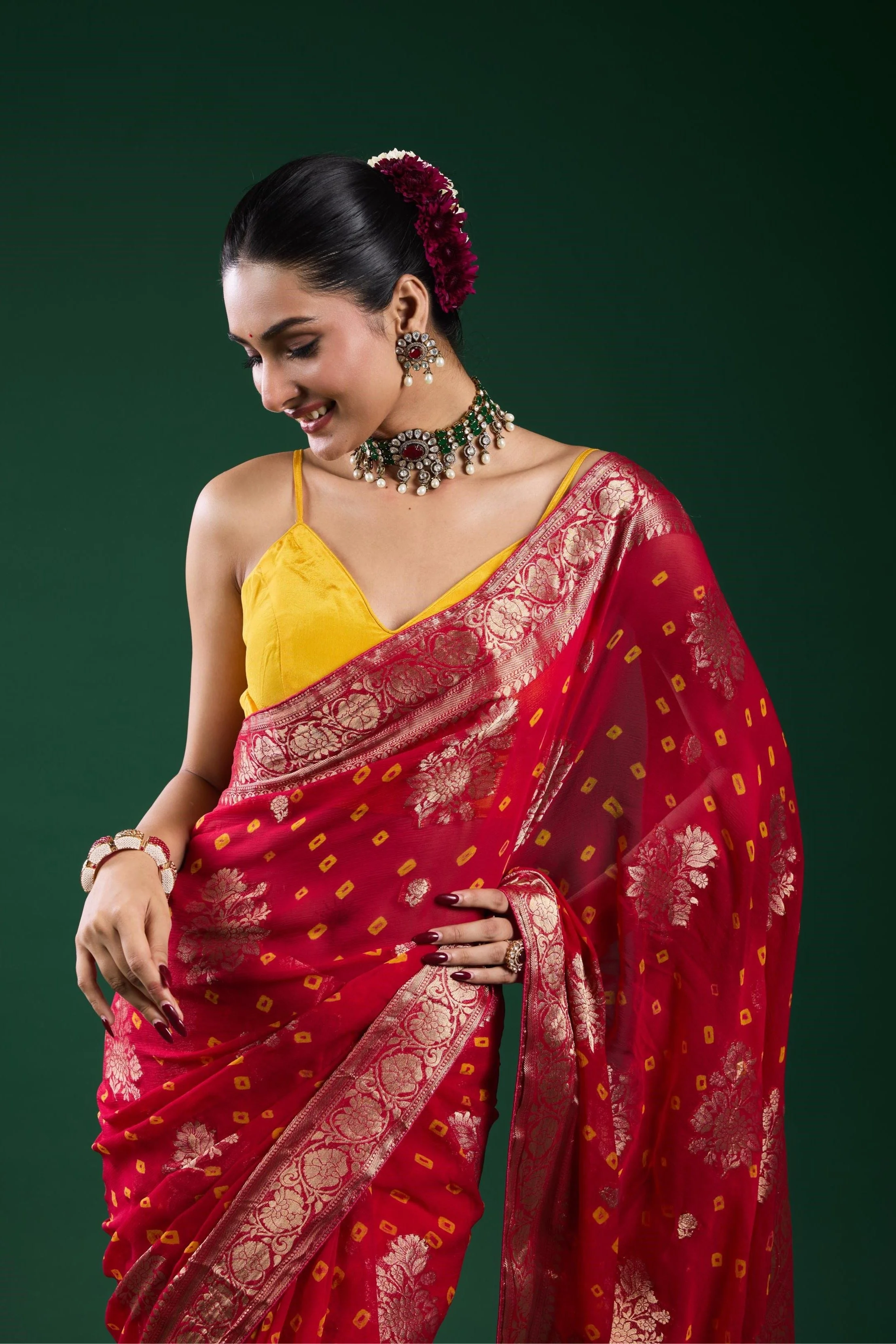 Red Bandhej Dola Silk Saree - Image 8