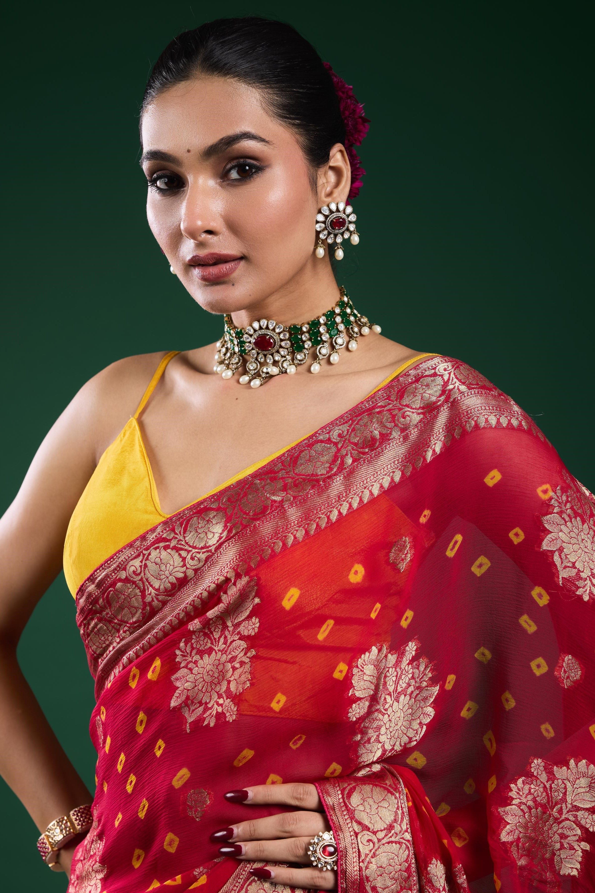 Red Bandhej Dola Silk Saree - Image 9