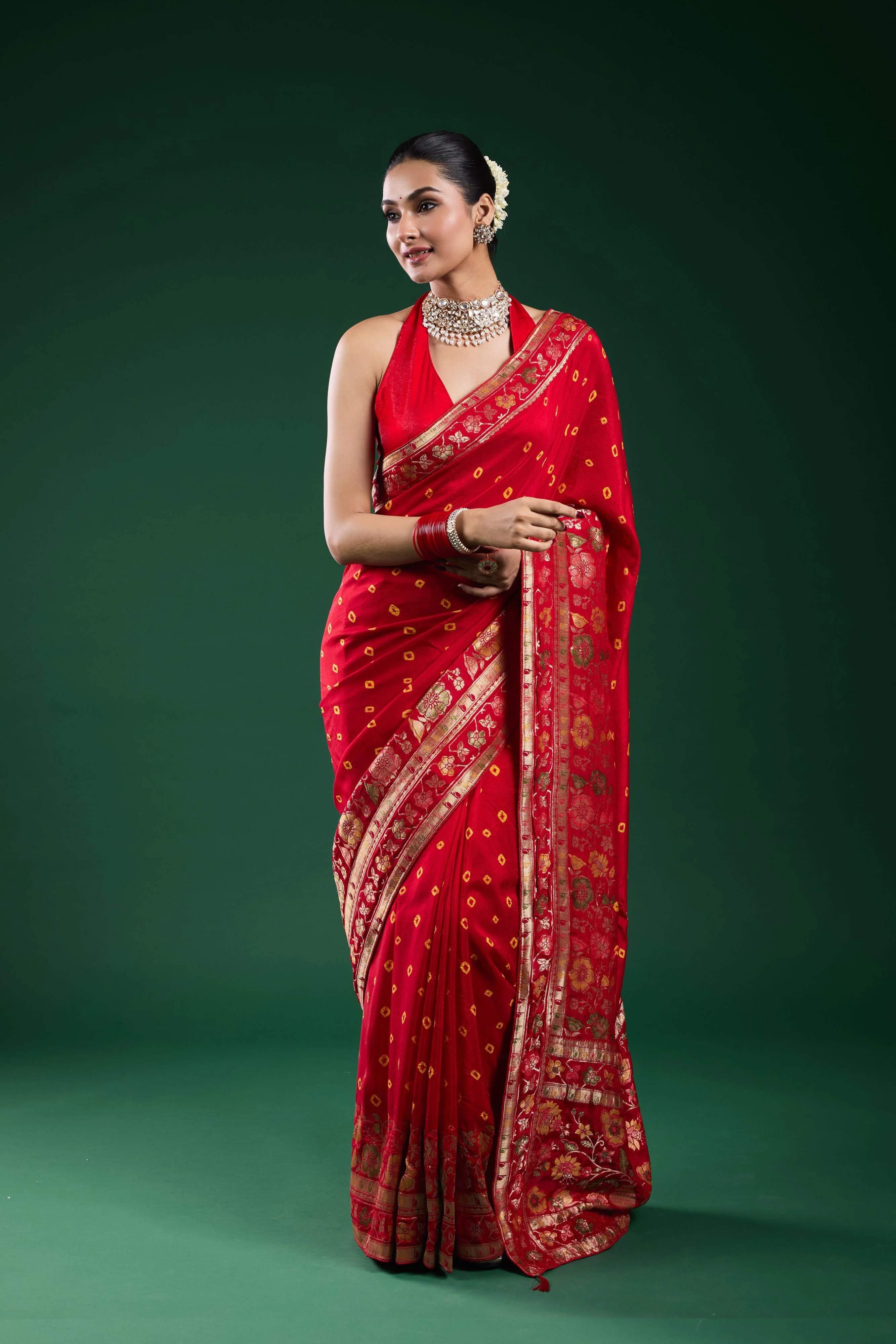 Royal Scarlet Bandhani Dola Silk Saree - Image 2