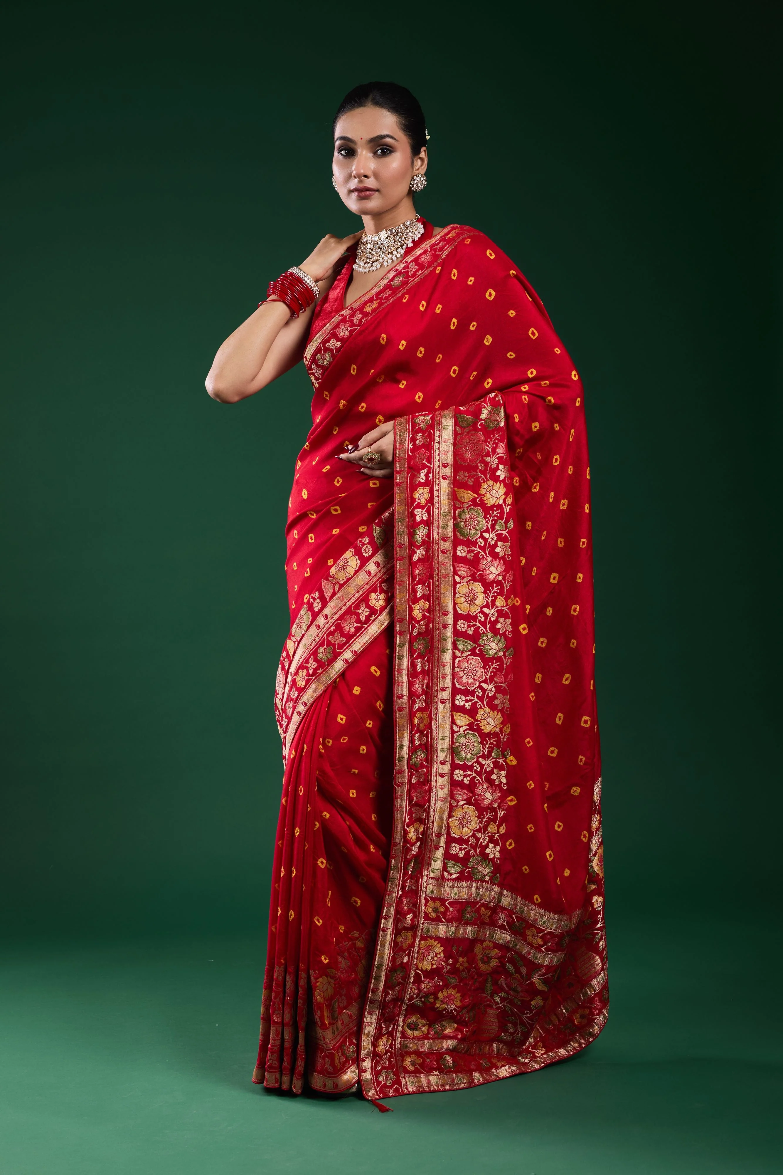 Royal Scarlet Bandhani Dola Silk Saree - Image 3