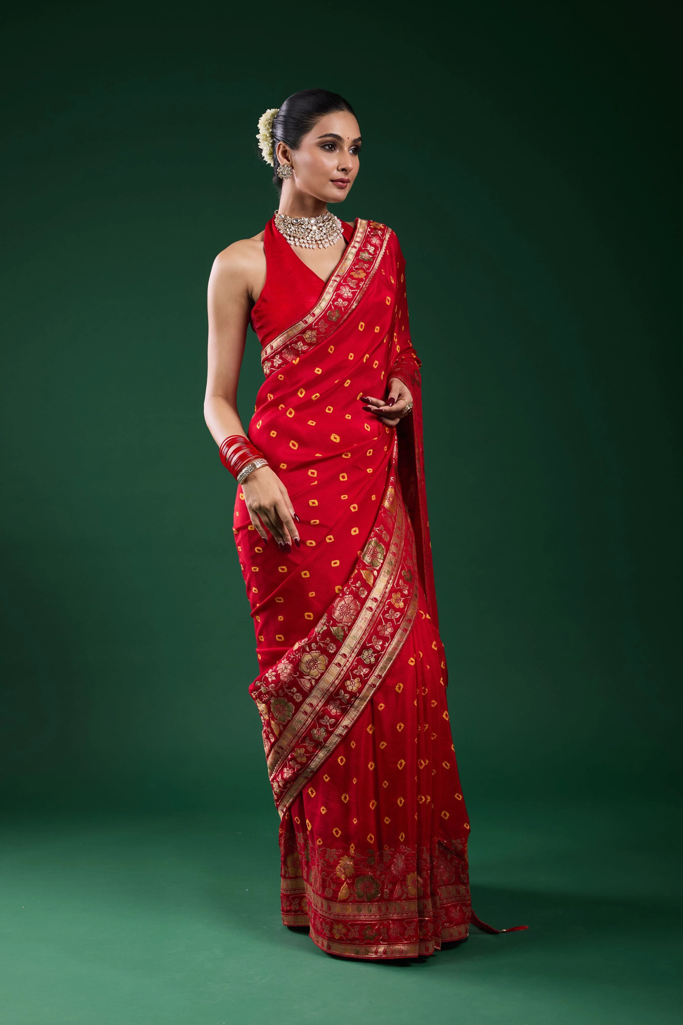 Royal Scarlet Bandhani Dola Silk Saree - Image 4