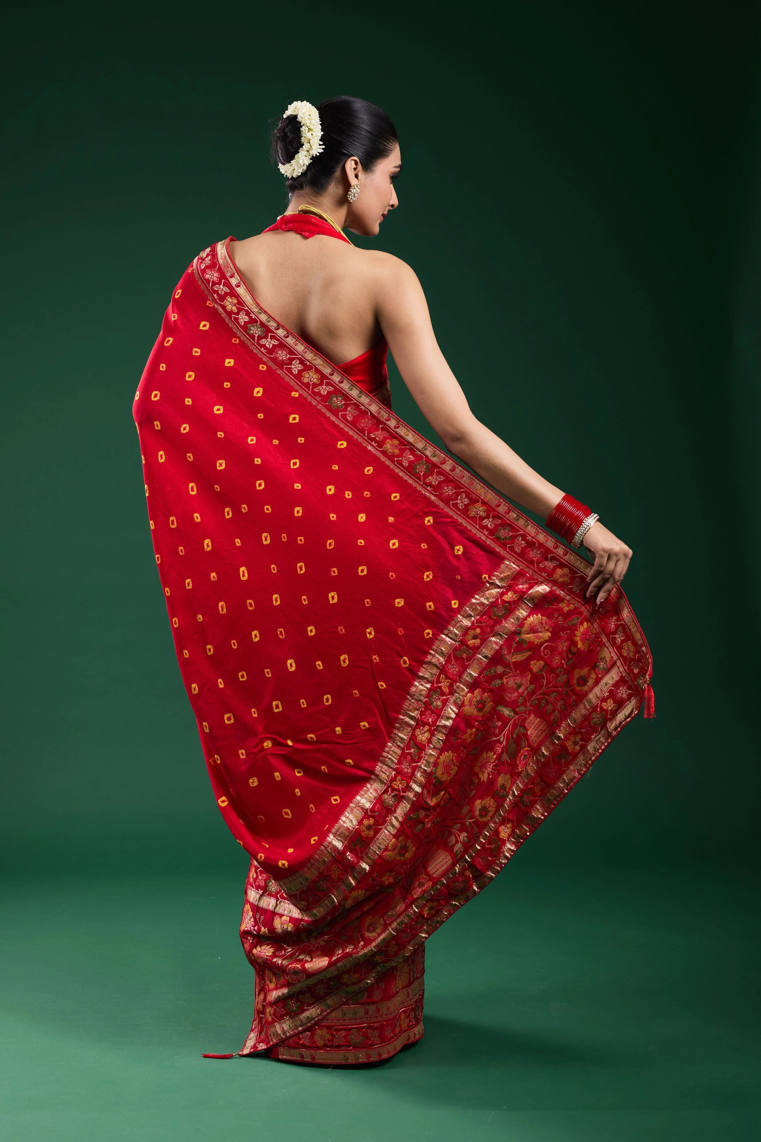 Royal Scarlet Bandhani Dola Silk Saree - Image 5