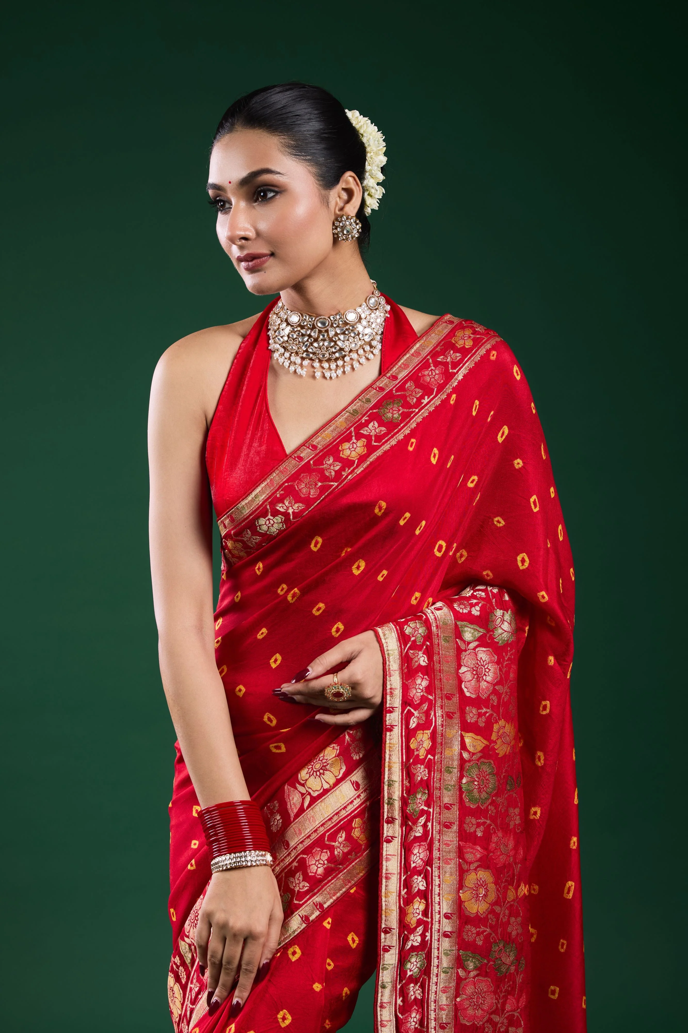 Royal Scarlet Bandhani Dola Silk Saree - Image 6