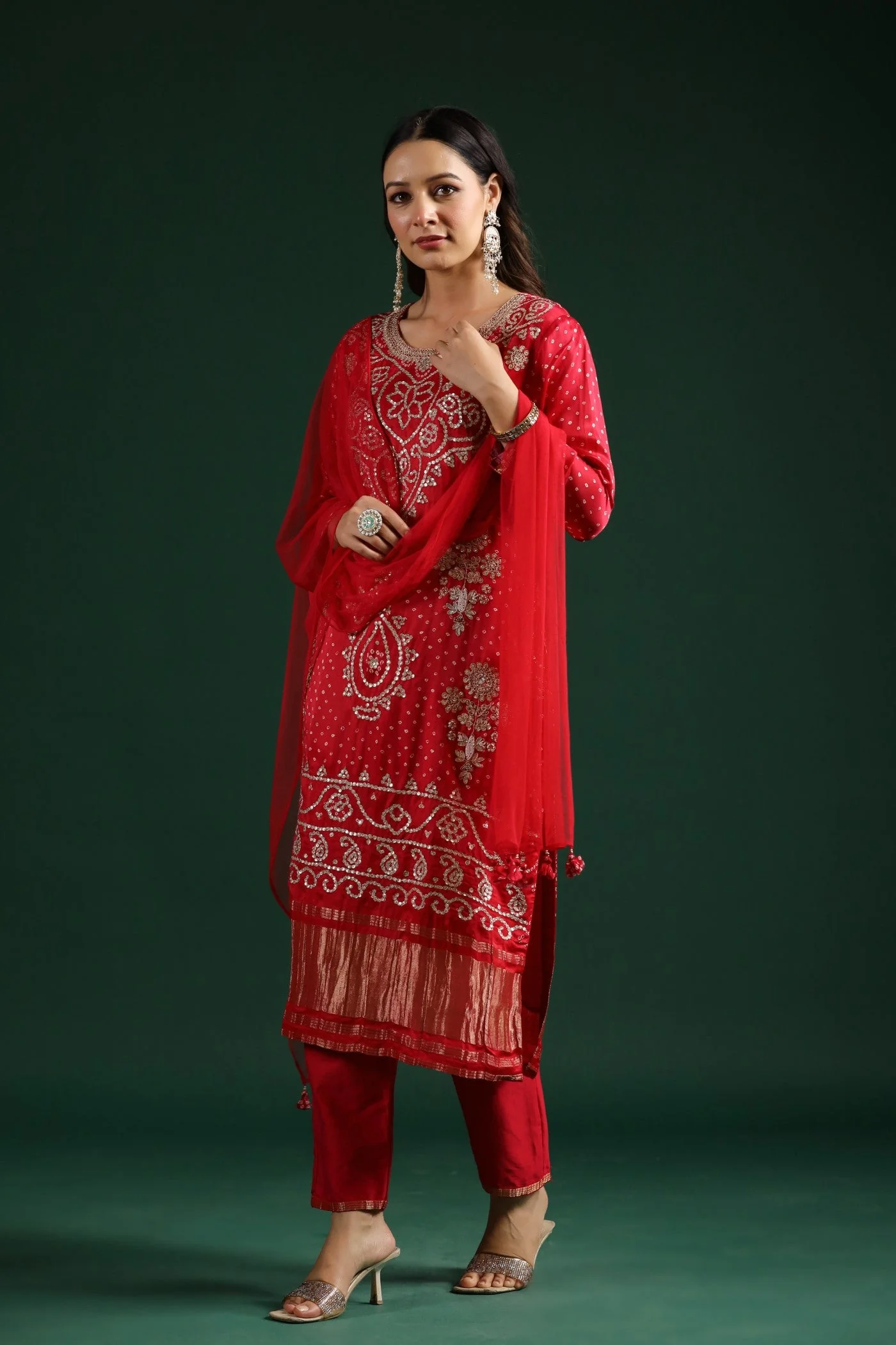 Red Bandhej Gajji Silk Kurta Set - Image 3