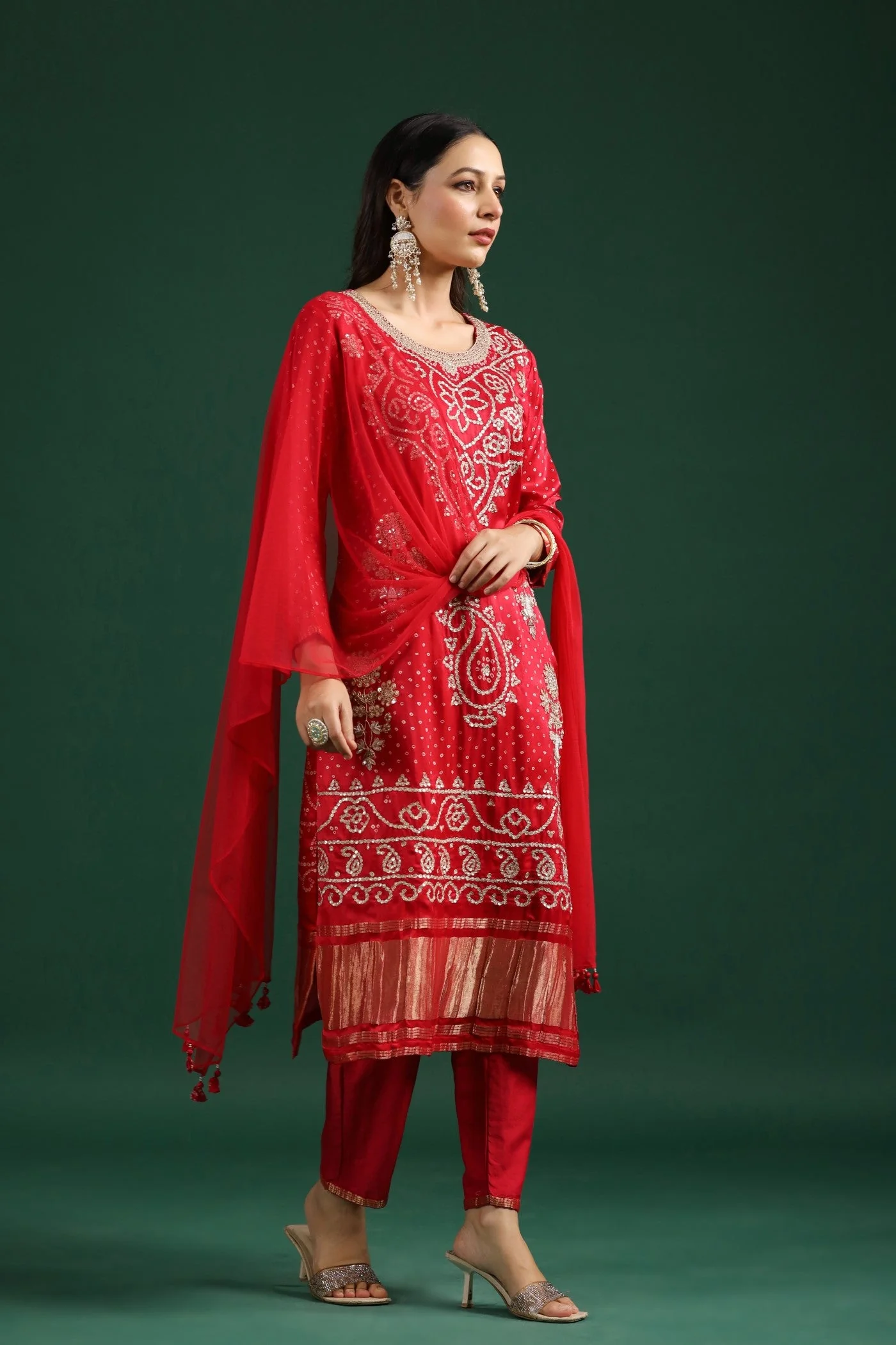 Red Bandhej Gajji Silk Kurta Set - Image 4
