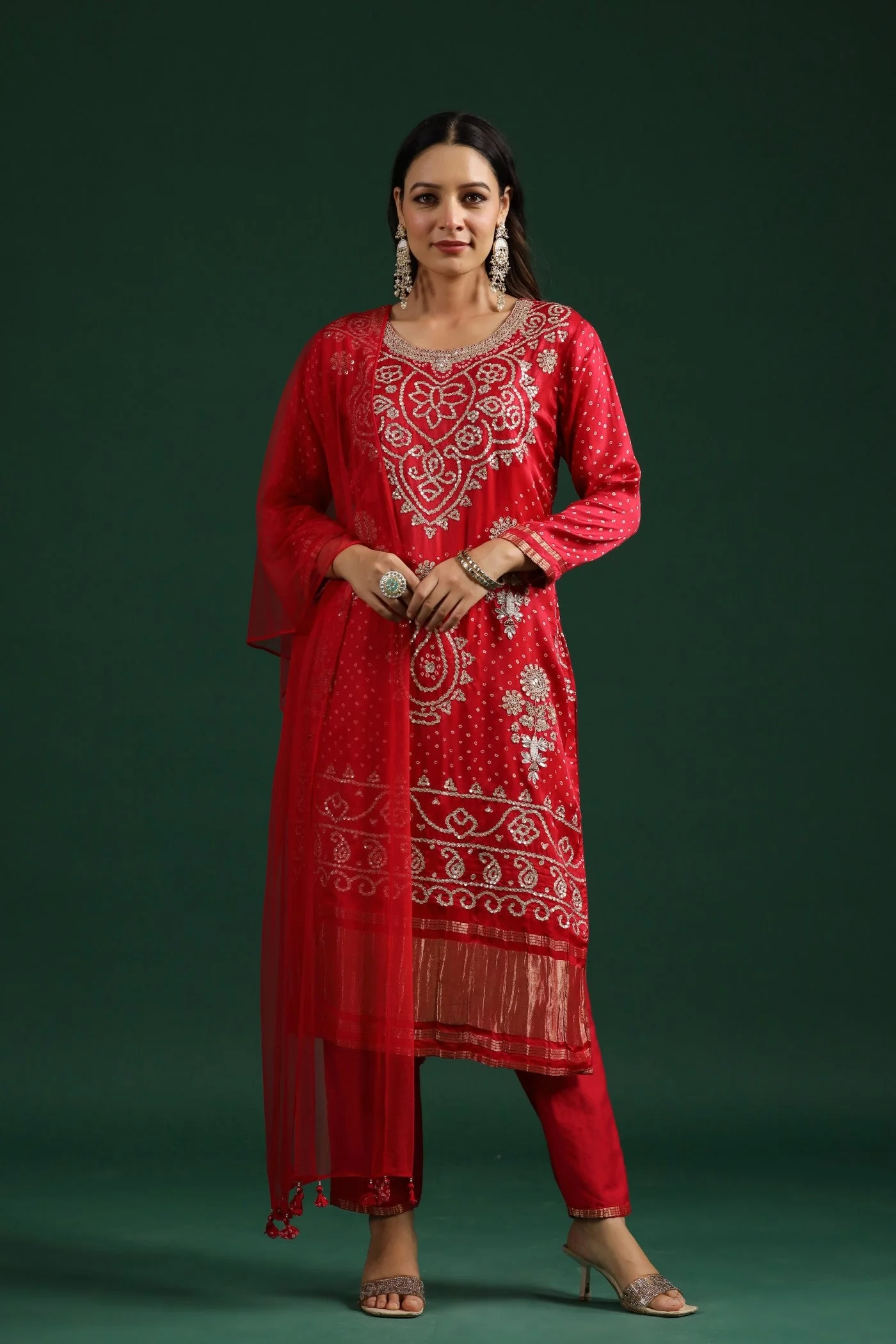 Red Bandhej Gajji Silk Kurta Set - Image 5