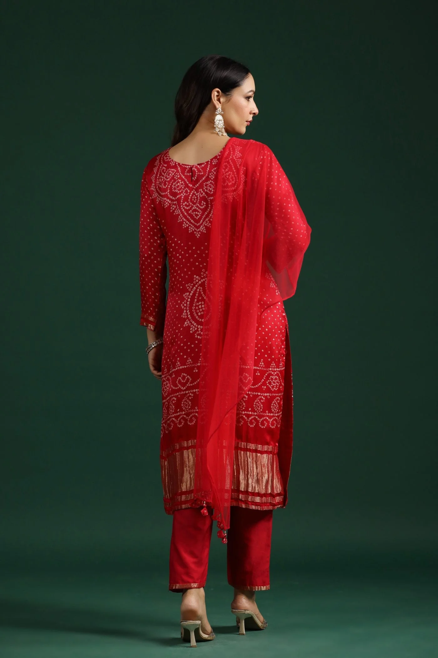 Red Bandhej Gajji Silk Kurta Set - Image 6