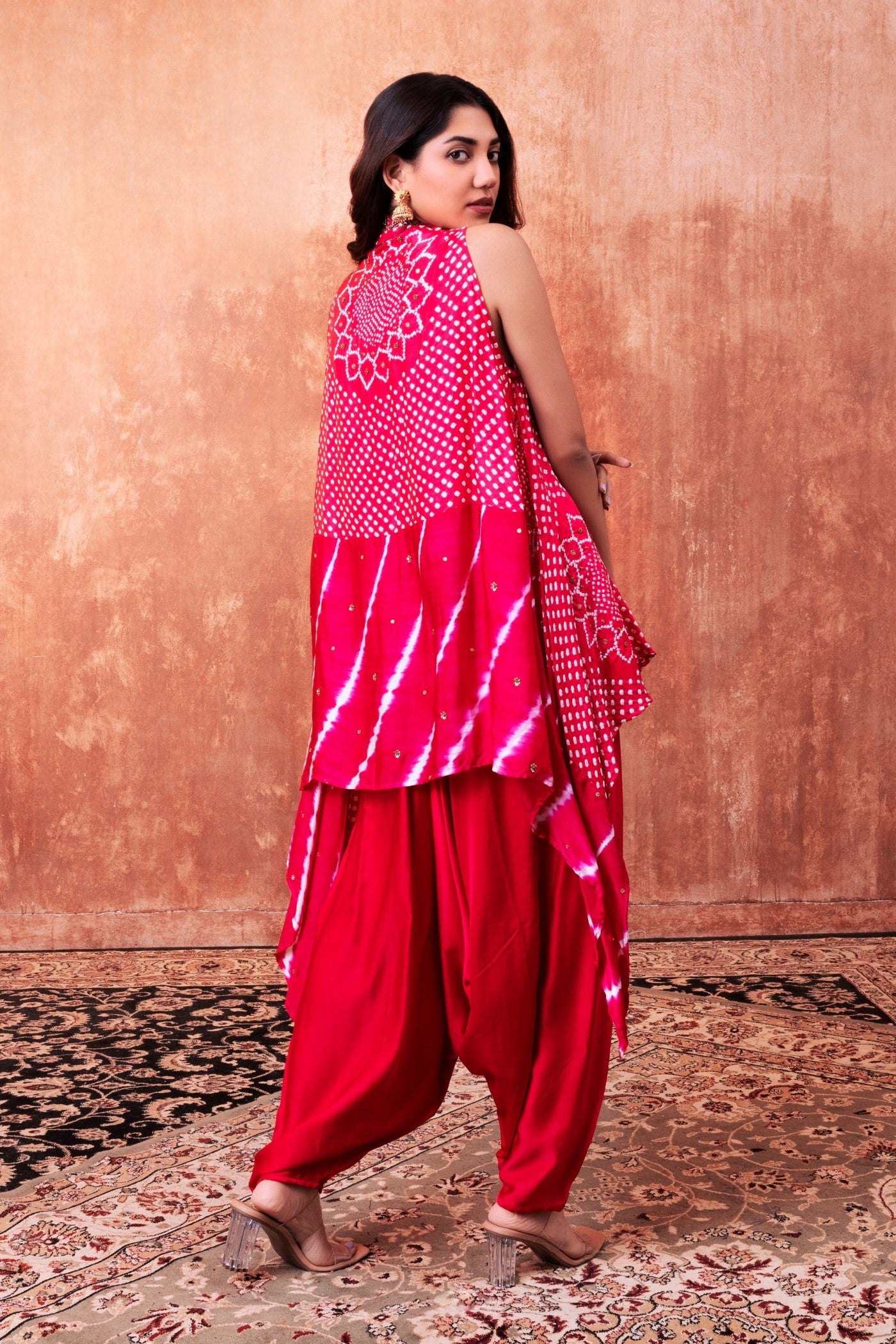 Red Bandhej Printed Embellished Cape Set - Image 3