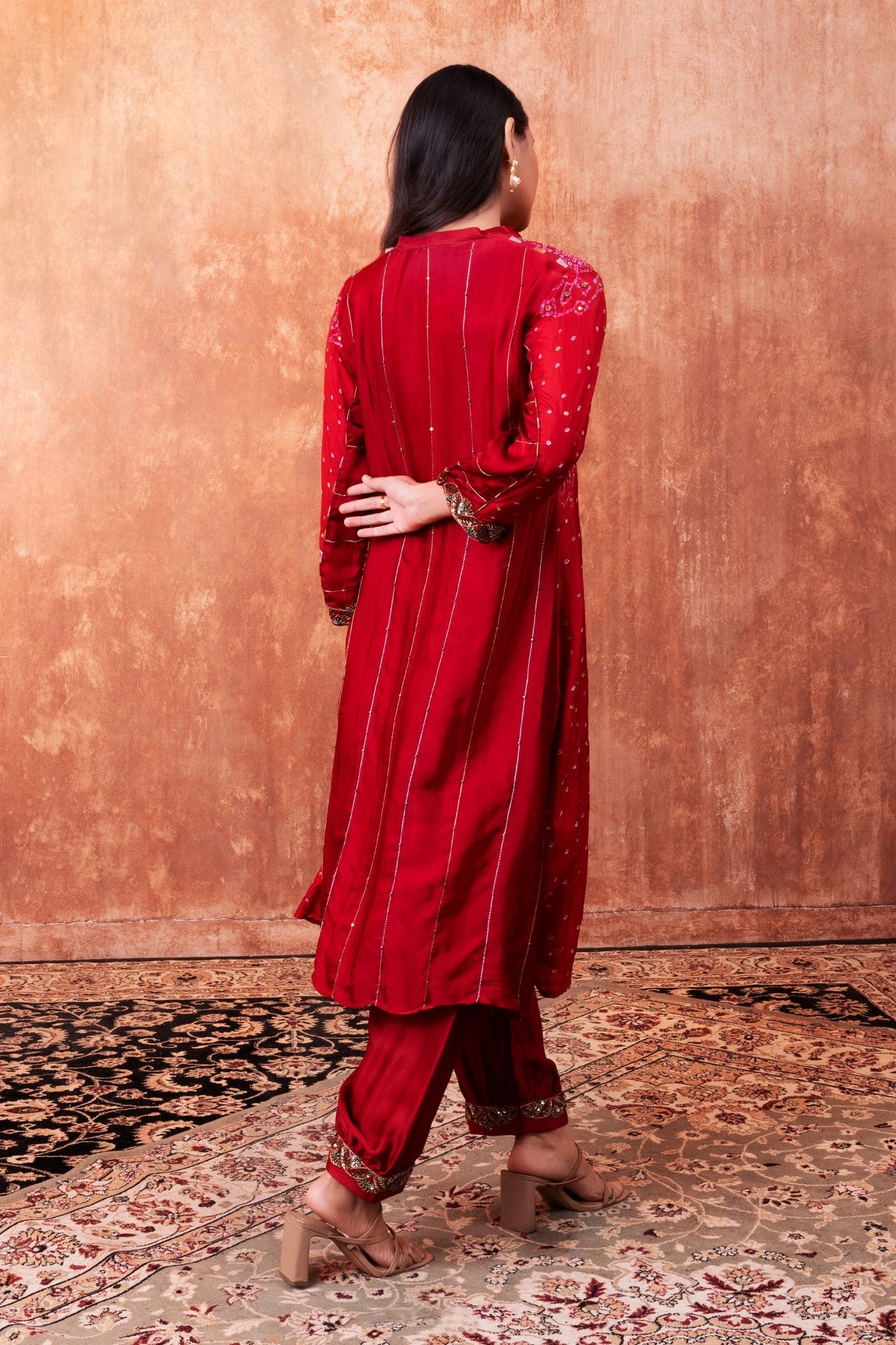 Red Bandhej Printed Embellished Kurta Set - Image 3