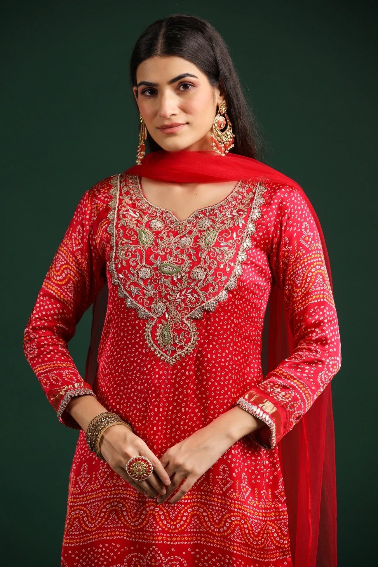 Red Bandhej Printed Gazzi Silk Pants Set - Image 2