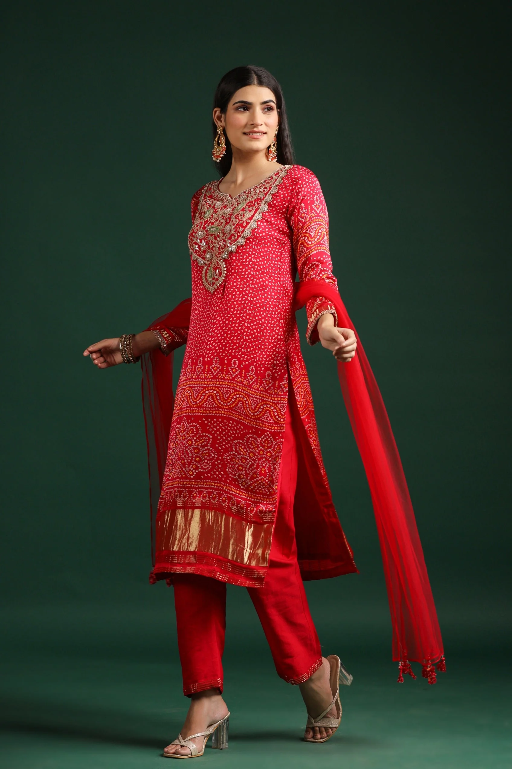 Red Bandhej Printed Gazzi Silk Pants Set - Image 3