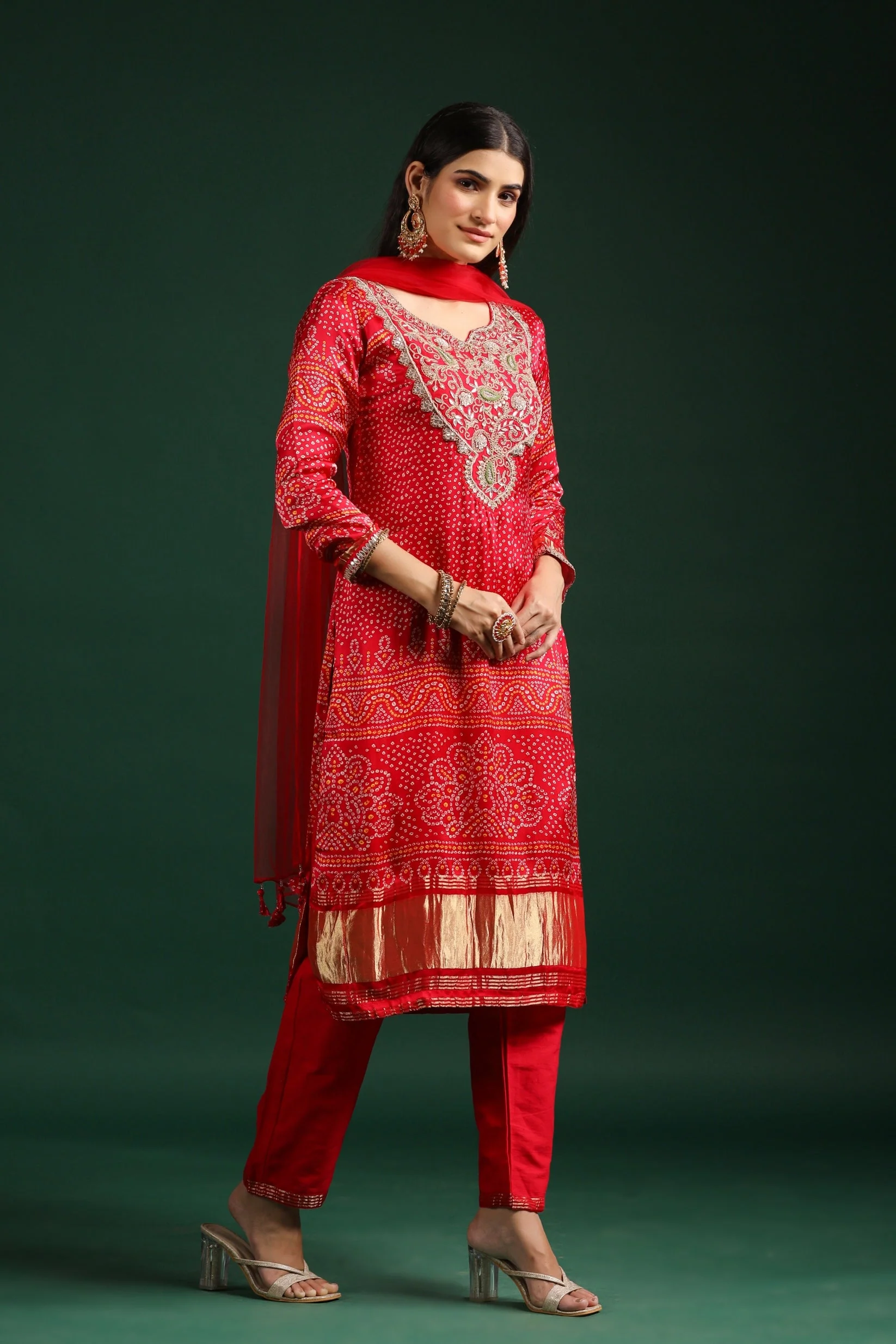 Red Bandhej Printed Gazzi Silk Pants Set - Image 4