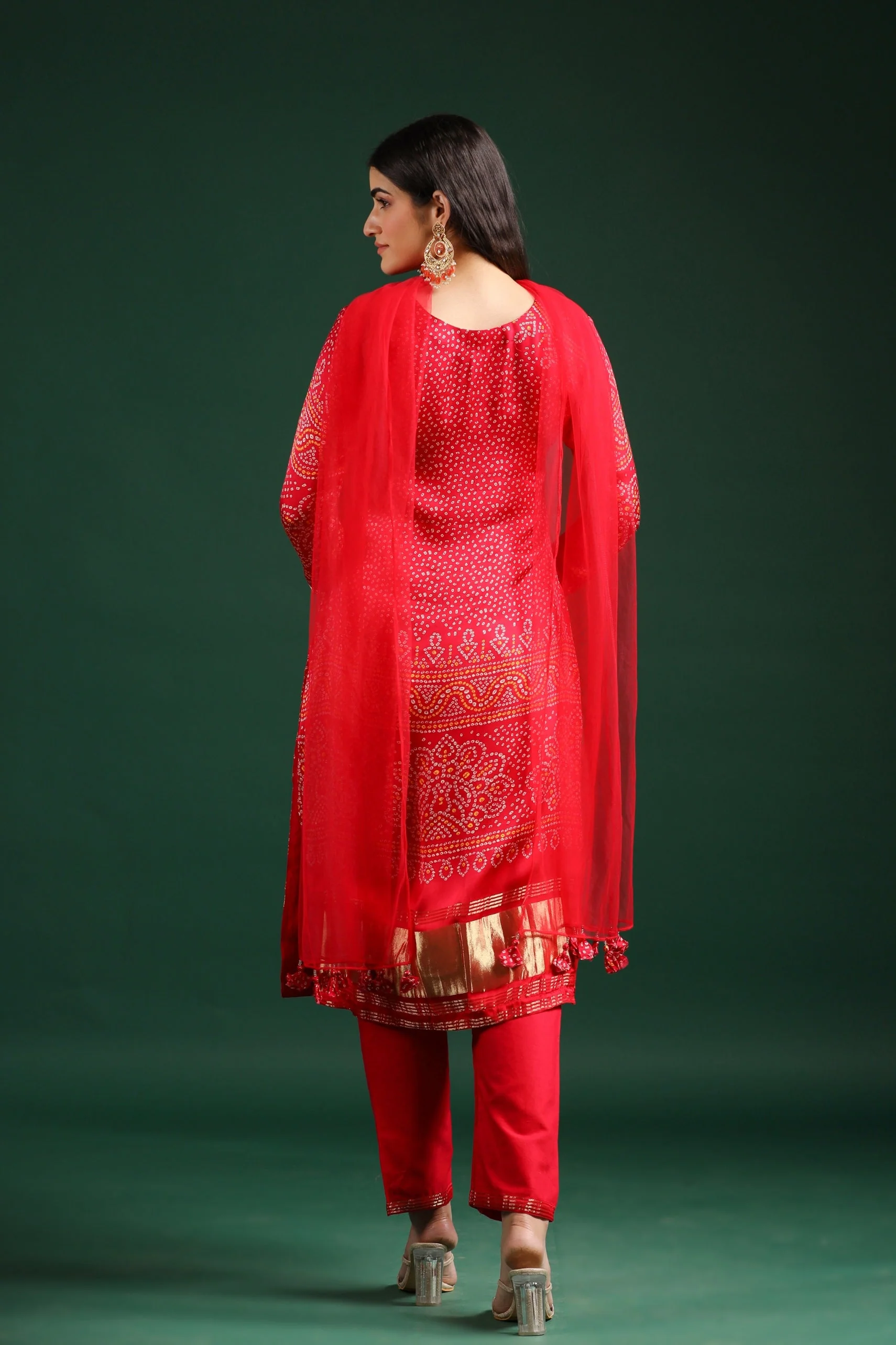 Red Bandhej Printed Gazzi Silk Pants Set - Image 5